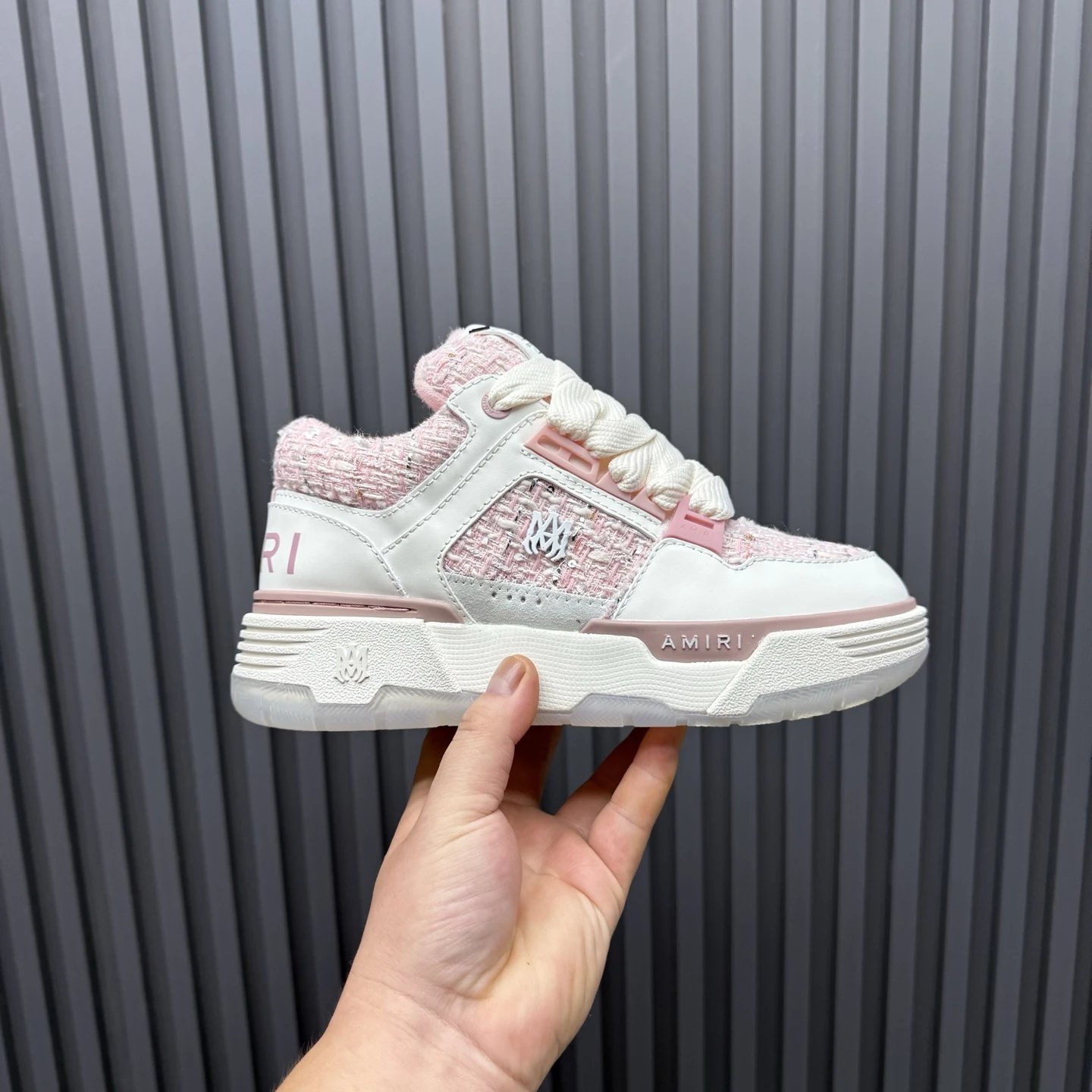 Low Top Tweed Leather Sneakers for Men Women Blush Pink - Gallery Image 2 - Detailed View