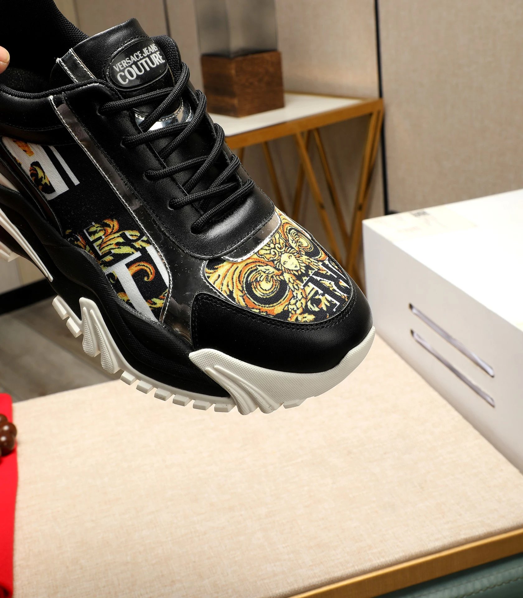 Baroque Calfskin Chunky Sneakers Black Gold - Gallery Image 9 - Detailed View