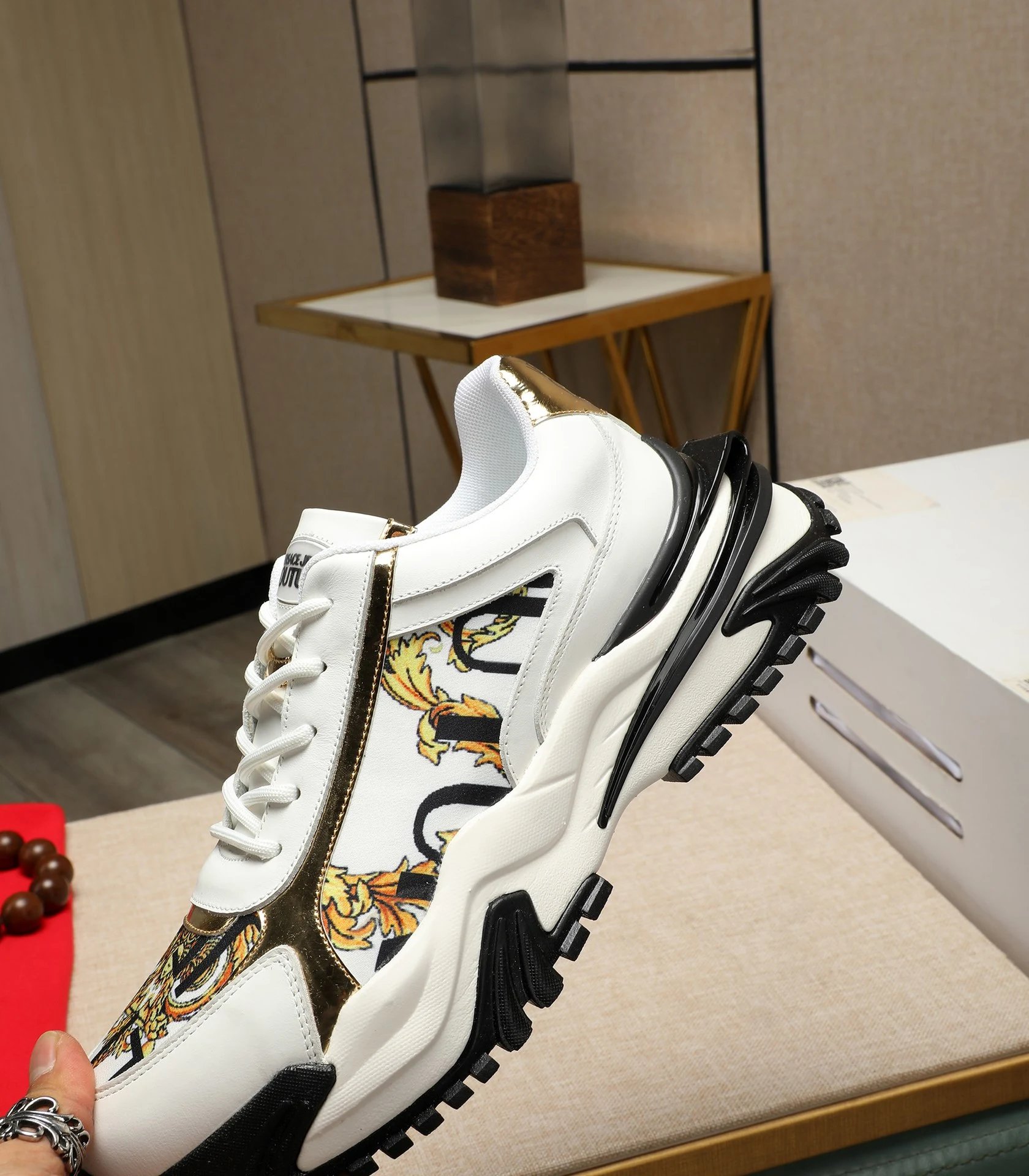 Luxury Baroque Leather Chunky Sneakers White Gold - Gallery Image 7 - Detailed View