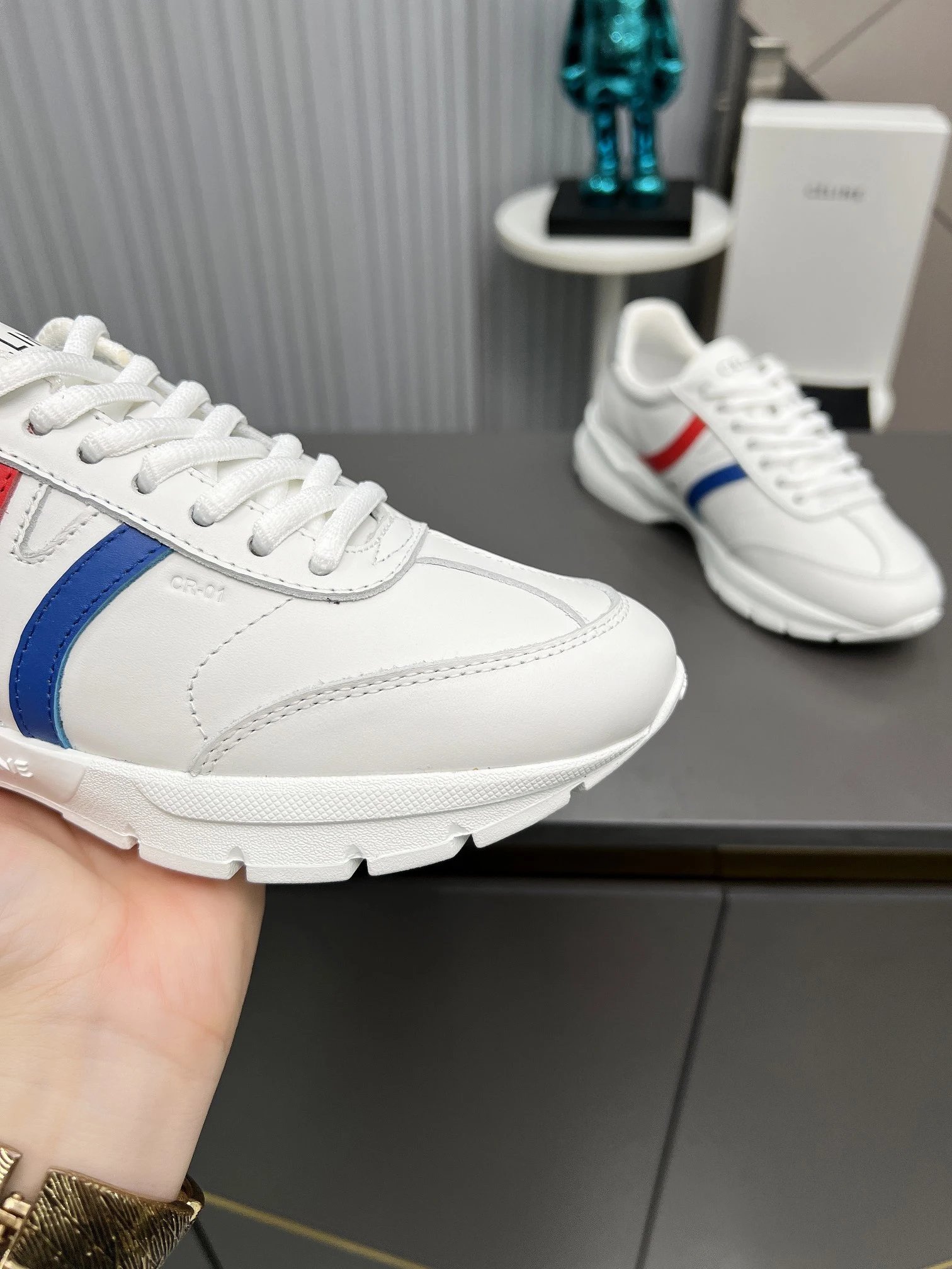 Retro Chunky Dad Sneakers Leather Unisex Scarlet Blue - Gallery Image 7 - Detailed View