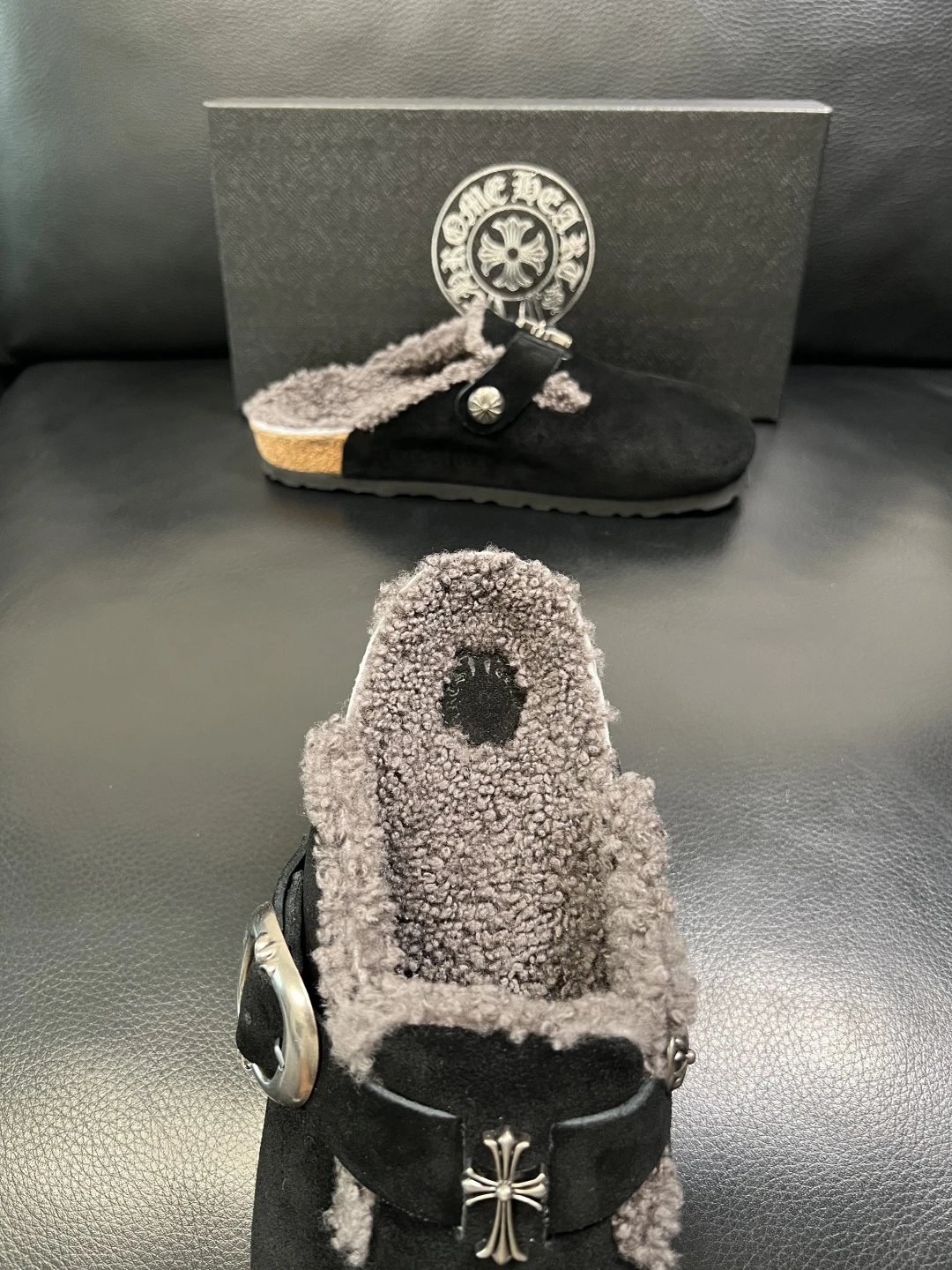 Luxury Suede Shearling Clog Shoes Ebony Black - Gallery Image 7 - Detailed View