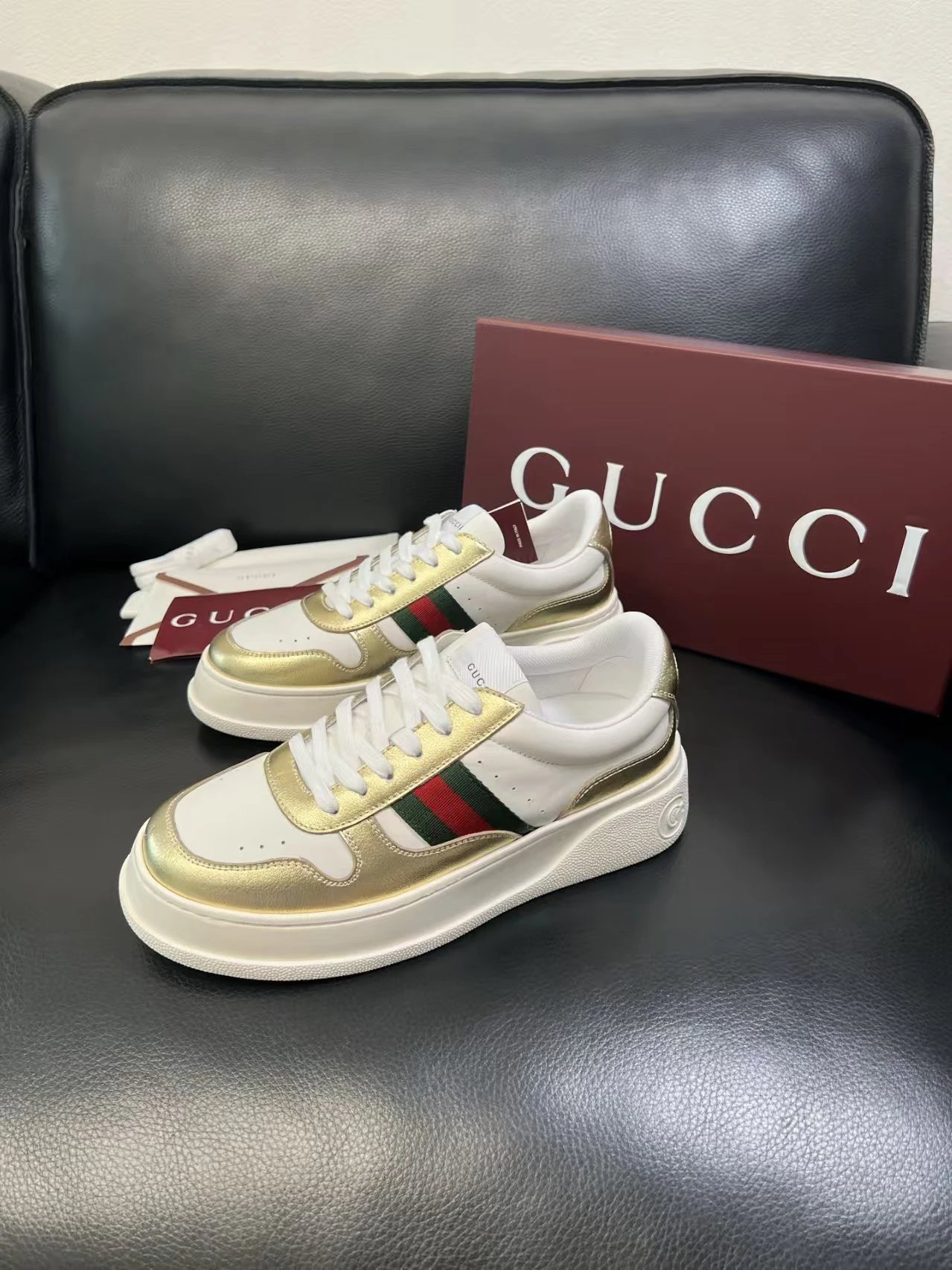 Gucci Men's Platform Sneakers Gold White - Gallery Image 3 - Detailed View