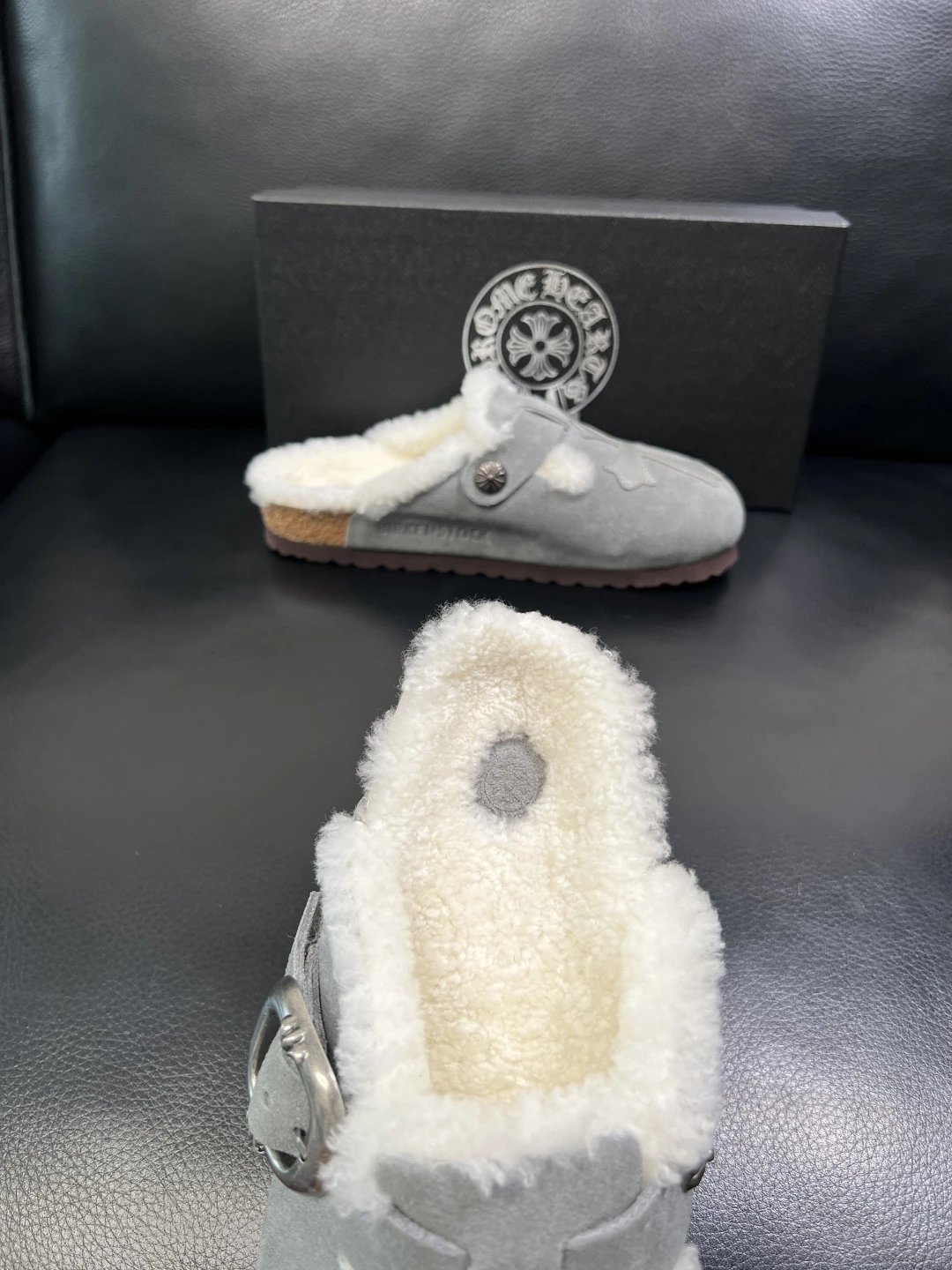 Luxury Shearling Leather Clog in Ash Grey - Gallery Image 7 - Detailed View