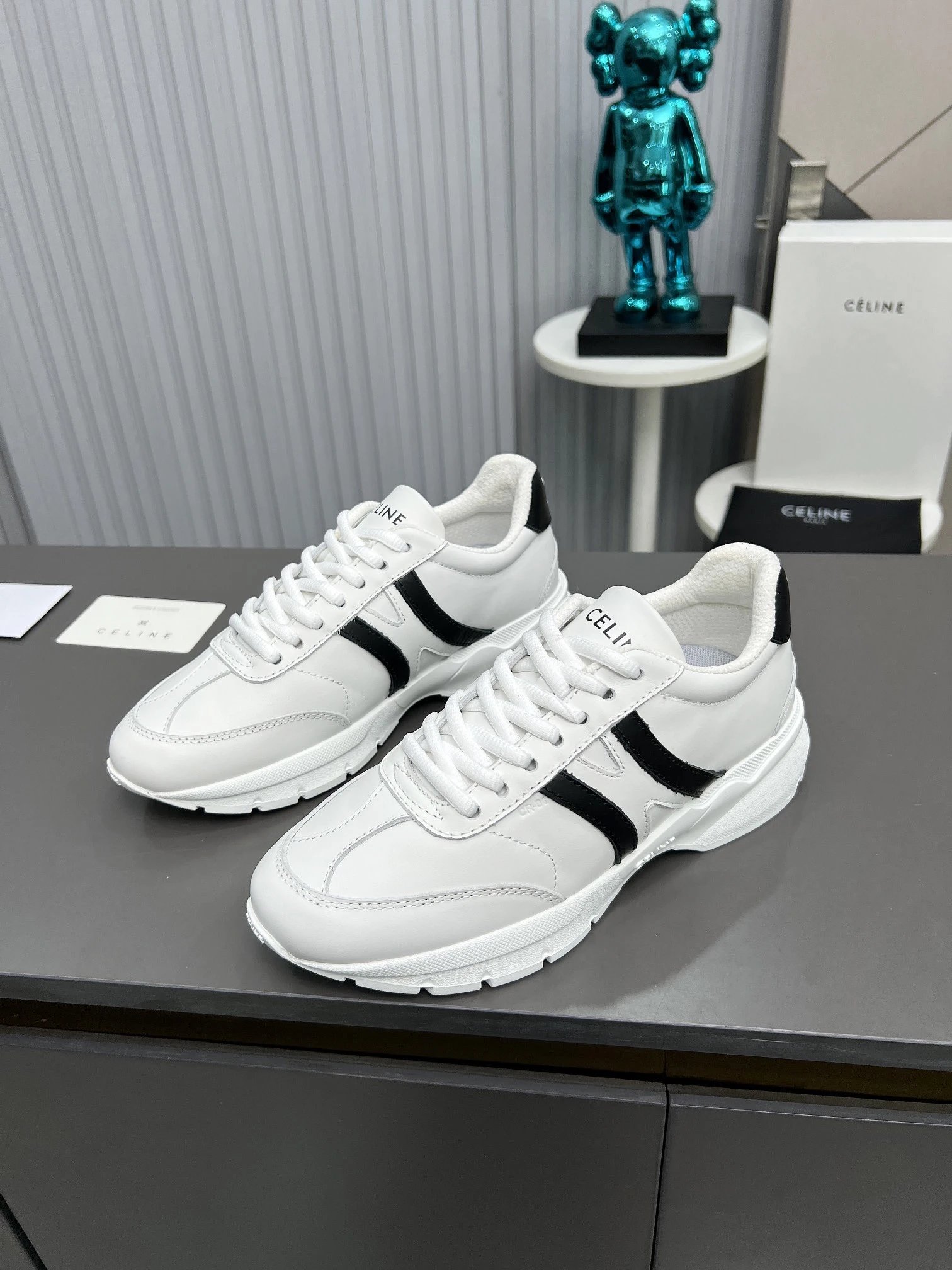 Chunky Dad Sneakers Leather Knit Comfort White Black - Gallery Image 3 - Detailed View