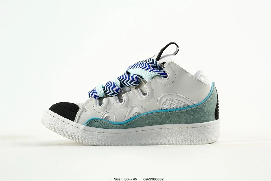 Lanvin Curb Leather Sneakers White Blue - Gallery Image 4 - Detailed View