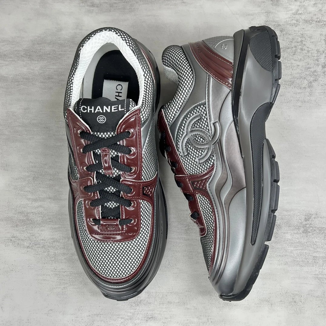 Luxury Leather Mesh Resort Sneakers Grey Burgundy - Gallery Image 3 - Detailed View