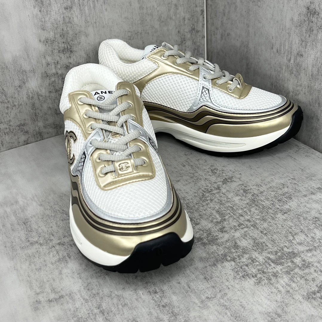 Resort Mesh Leather Chunky Sneakers Metallic Gold Silver - Gallery Image 2 - Detailed View