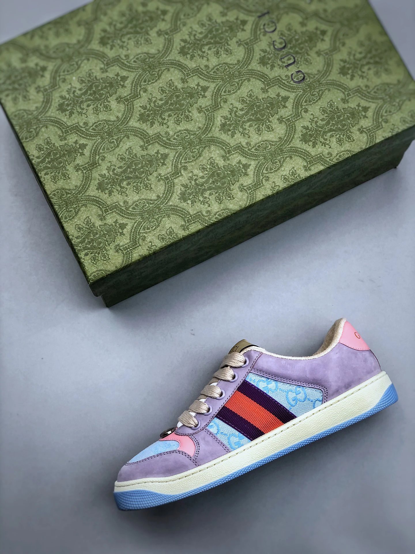 Gucci Distressed Screener Purple Pink Sneaker Blue Red - Gallery Image 3 - Detailed View
