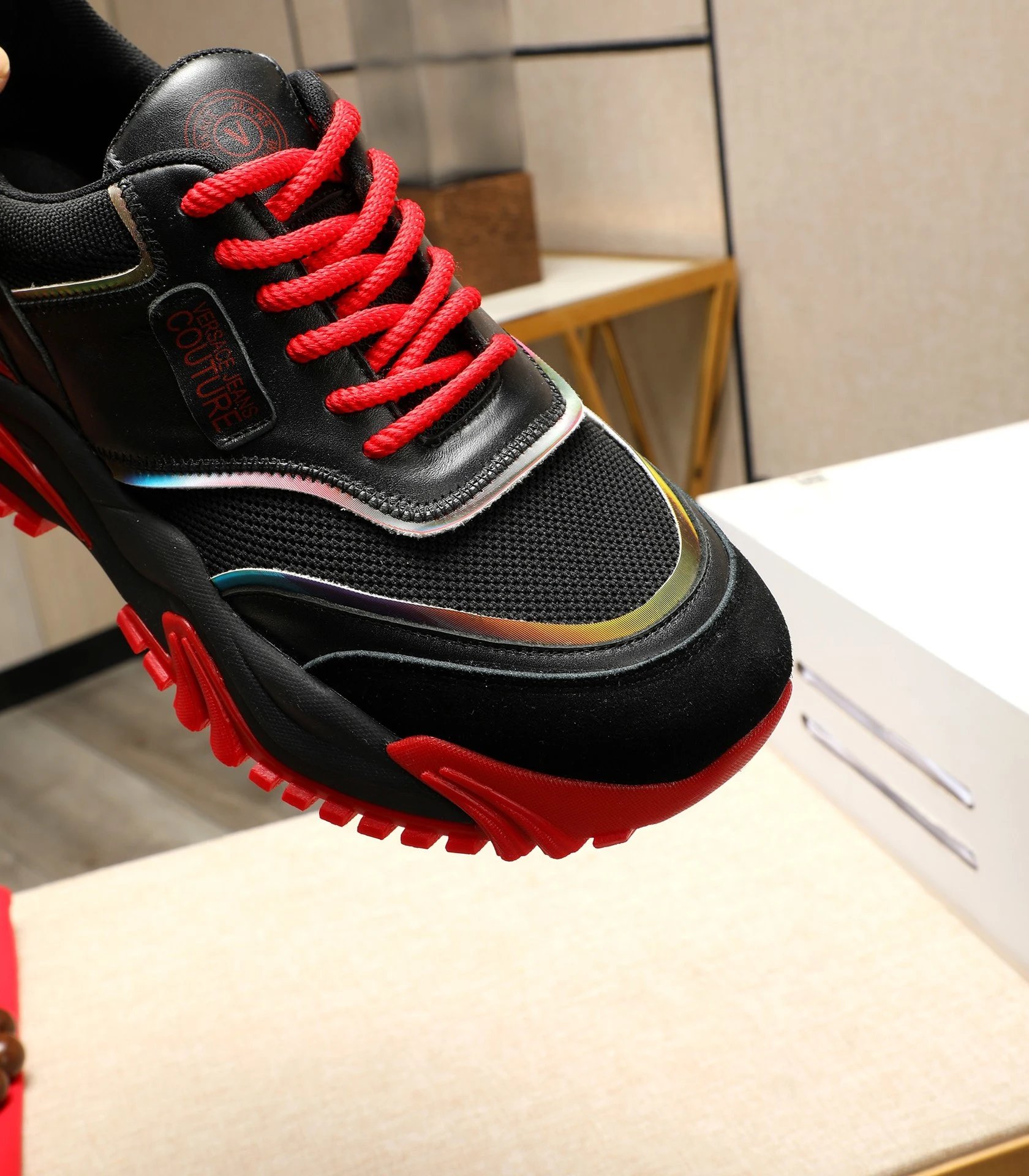 Chunky Calfskin Mesh Sneakers Crimson Black - Gallery Image 7 - Detailed View