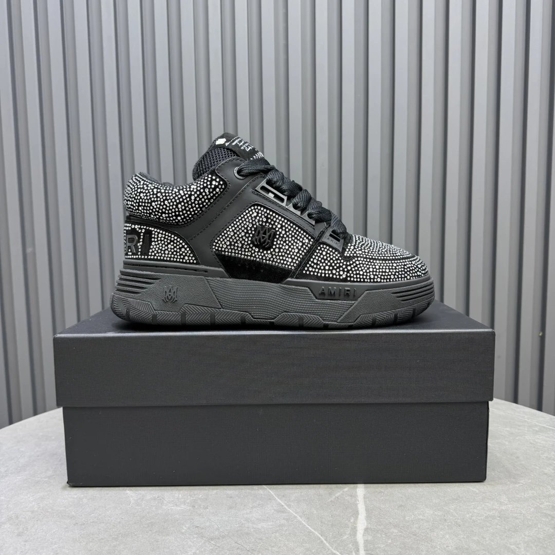 Luxury Low Top Rhinestone Leather Sneakers Charcoal Black - Gallery Image 1 - Detailed View