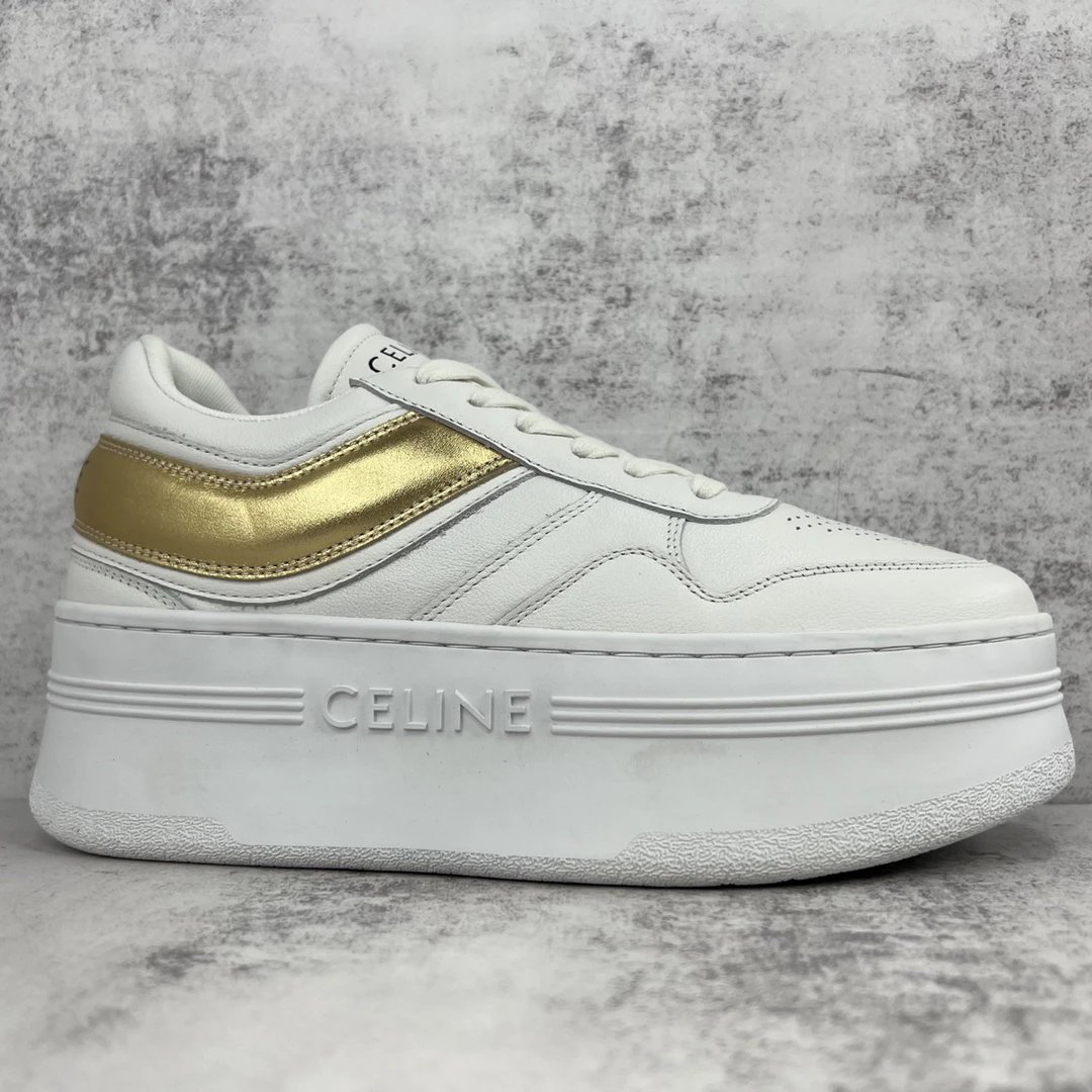 Platform Leather Sneakers Retro Chunky Sole in White Gold - Gallery Image 6 - Detailed View
