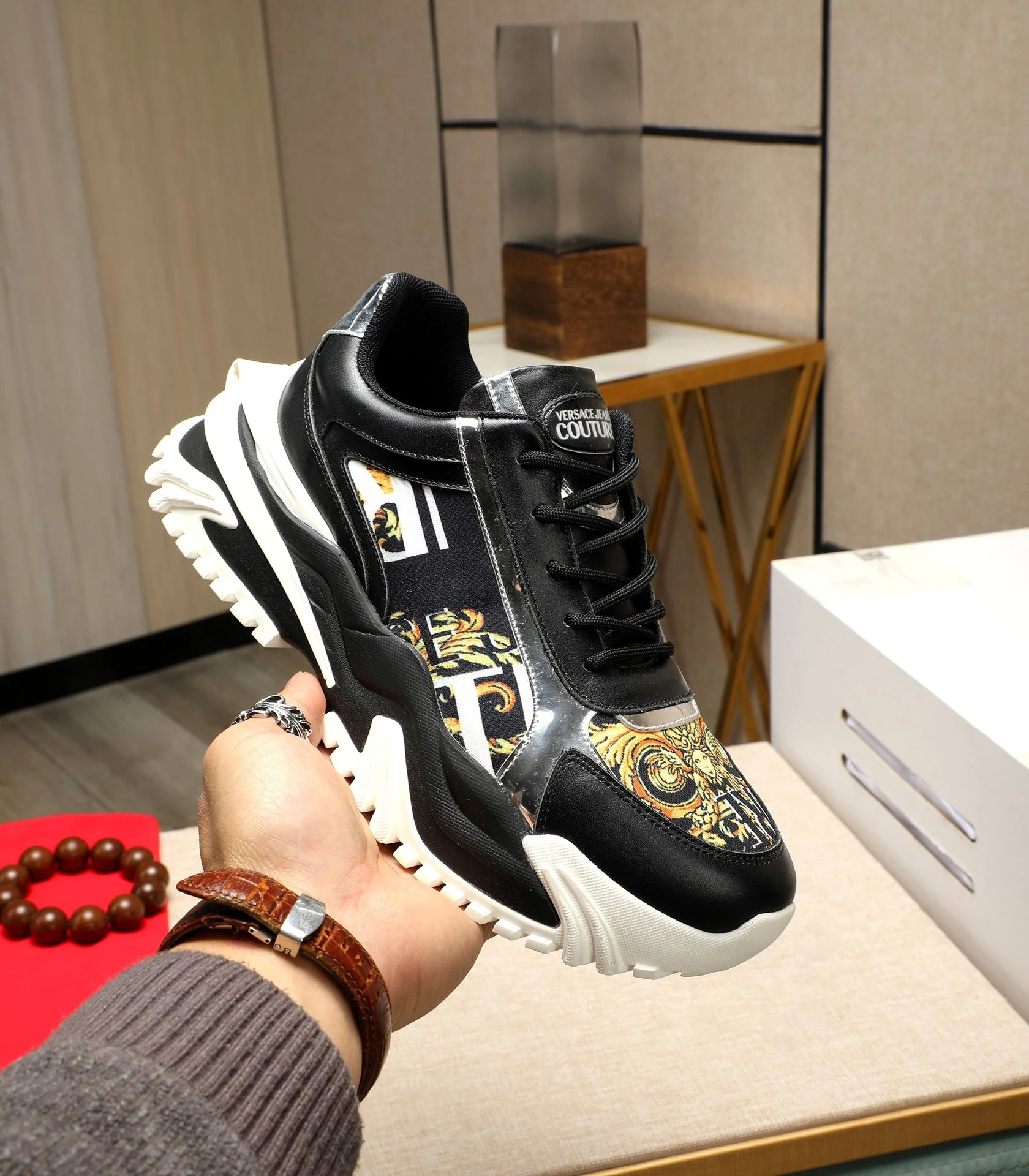 Baroque Calfskin Chunky Sneakers Black Gold - Versace - Cnfans - $70.32