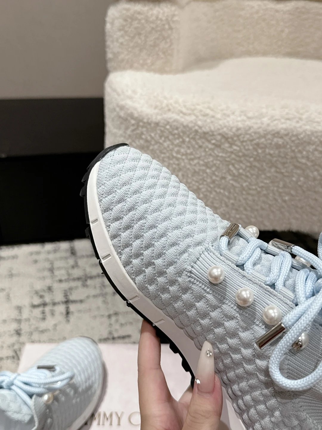 Jimmy Choo Knit Pearl Sneakers Blue - Gallery Image 6 - Detailed View