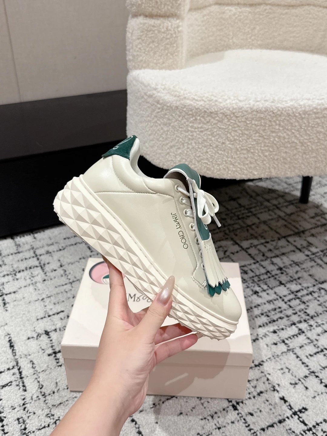Jimmy Choo x Malbon Golf Diamond Sneakers White Green - Gallery Image 5 - Detailed View