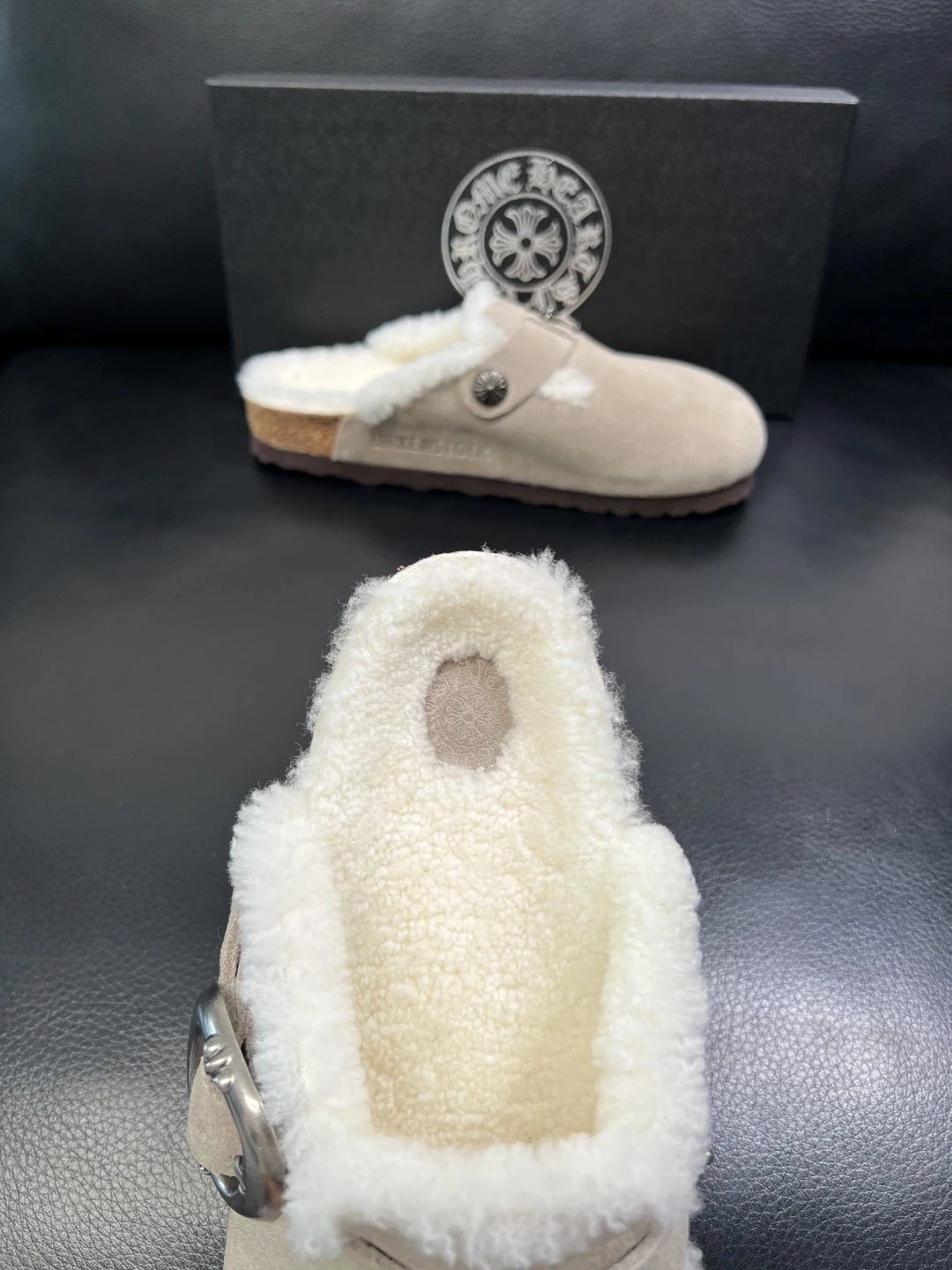 Luxury Suede Shearling Clog Taupe - Gallery Image 7 - Detailed View