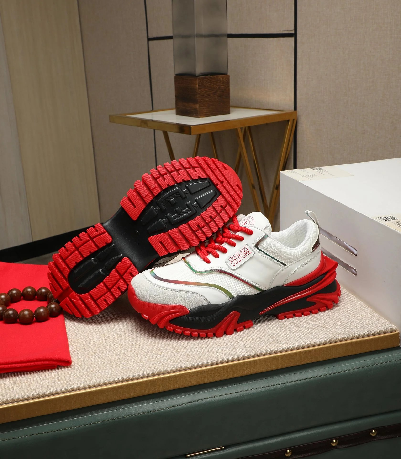 Luxury Calfskin Mesh Sneakers Crimson White - Gallery Image 5 - Detailed View