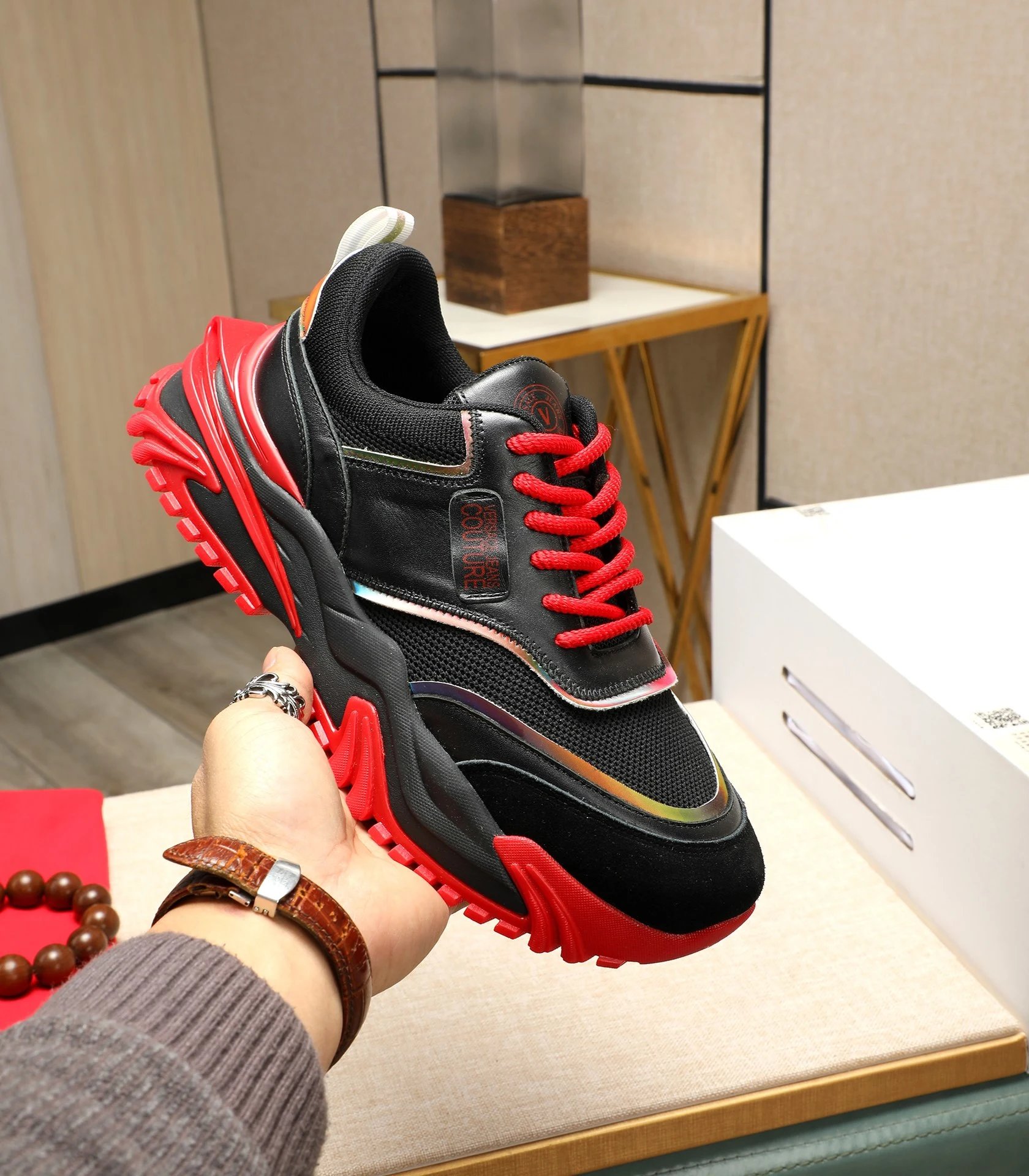 Chunky Calfskin Mesh Sneakers Crimson Black - Gallery Image 1 - Detailed View