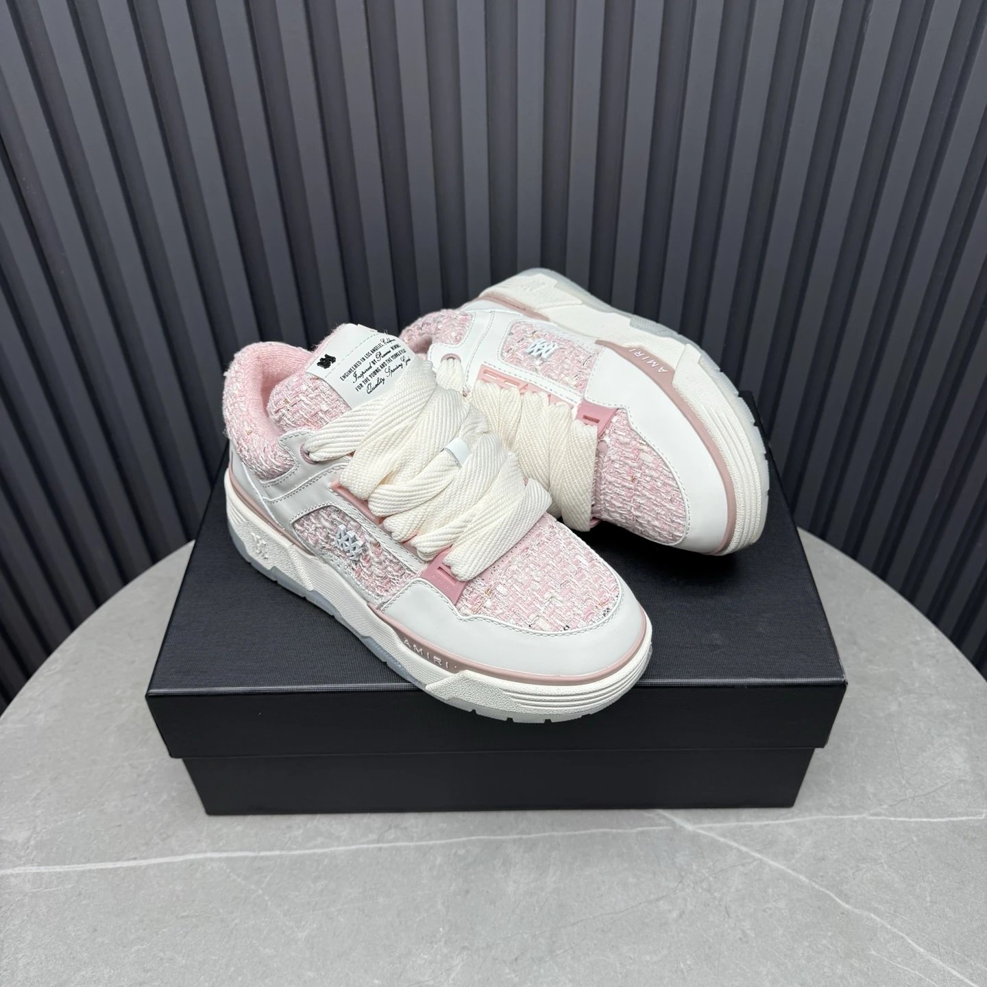 Low Top Tweed Leather Sneakers for Men Women Blush Pink - Gallery Image 4 - Detailed View