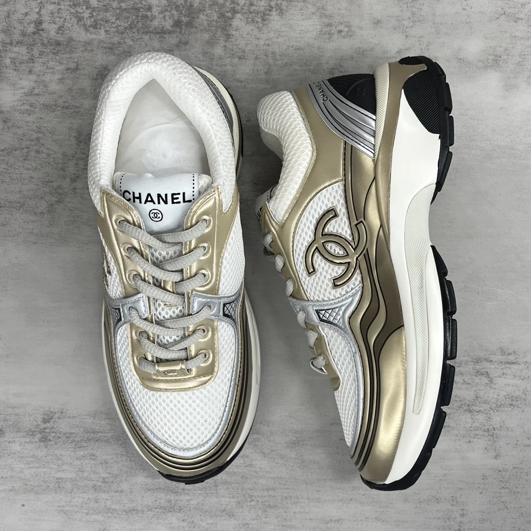 Resort Mesh Leather Chunky Sneakers Metallic Gold Silver - Gallery Image 3 - Detailed View