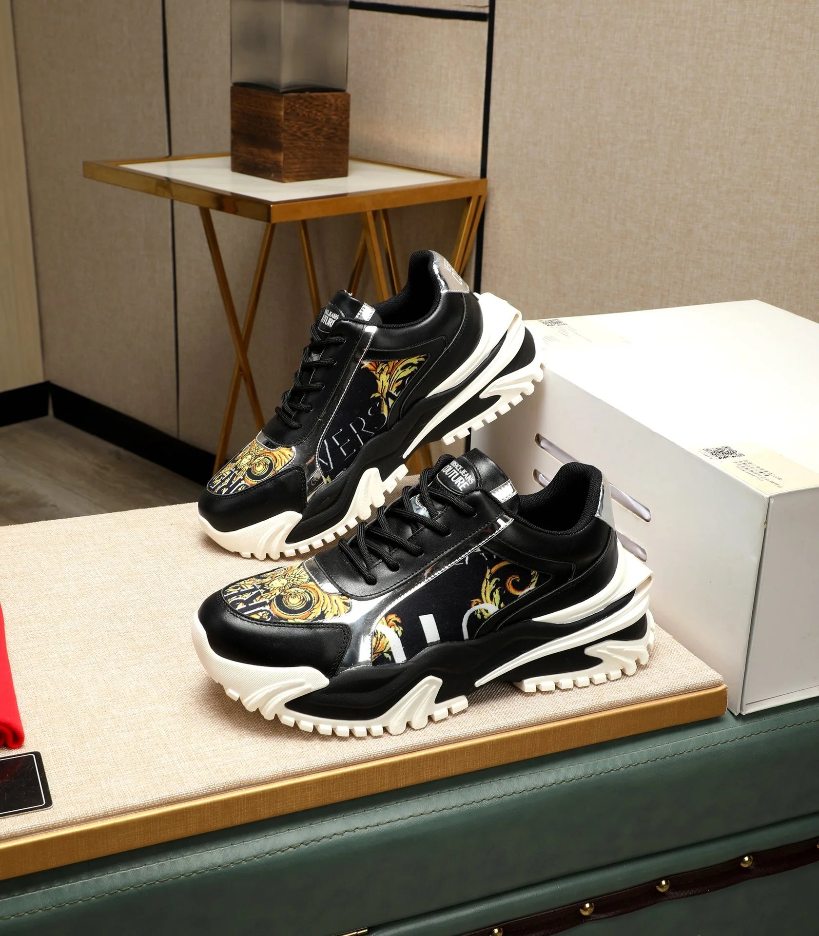 Baroque Calfskin Chunky Sneakers Black Gold - Gallery Image 2 - Detailed View