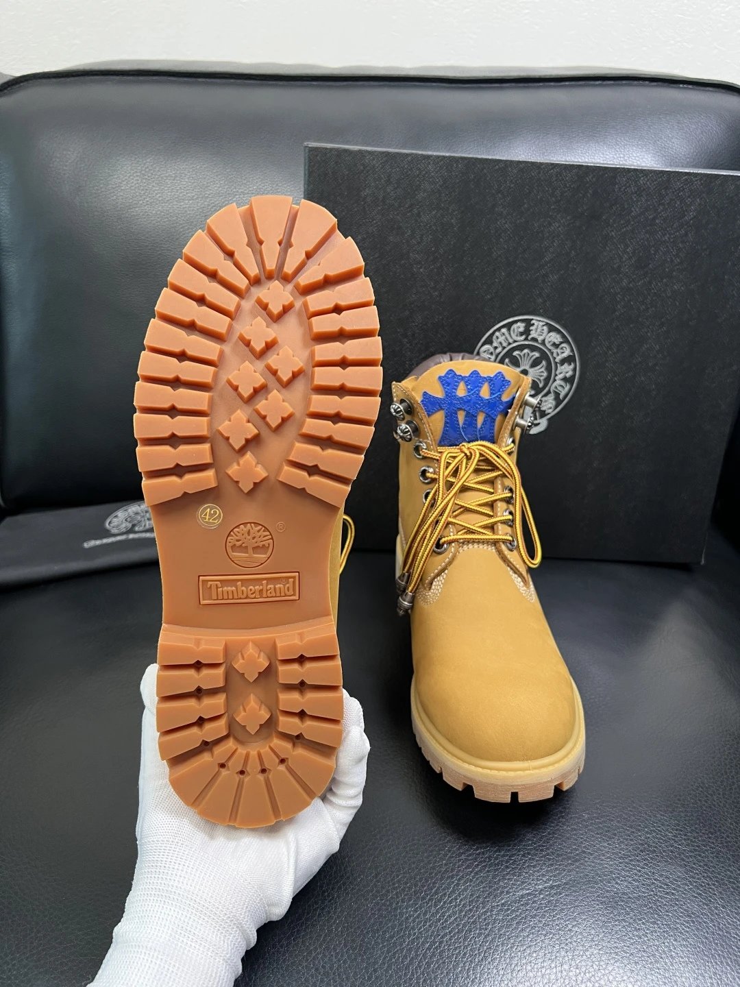 Luxury Leather Work Boots Amber with Royal Blue Cross - Gallery Image 9 - Detailed View