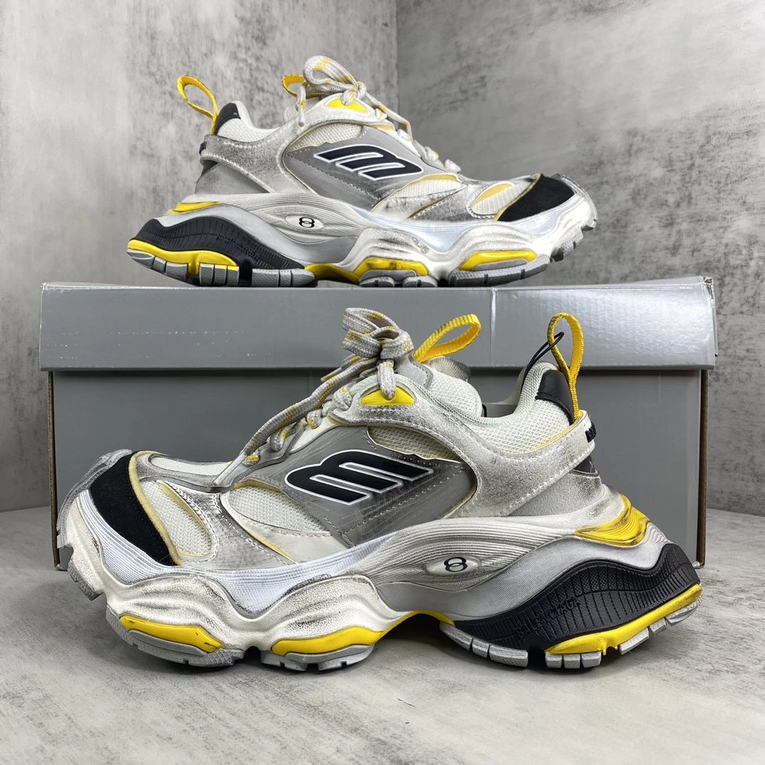 Chunky Cargo Sneakers Mesh Leather Retro Yellow Silver - Gallery Image 9 - Detailed View