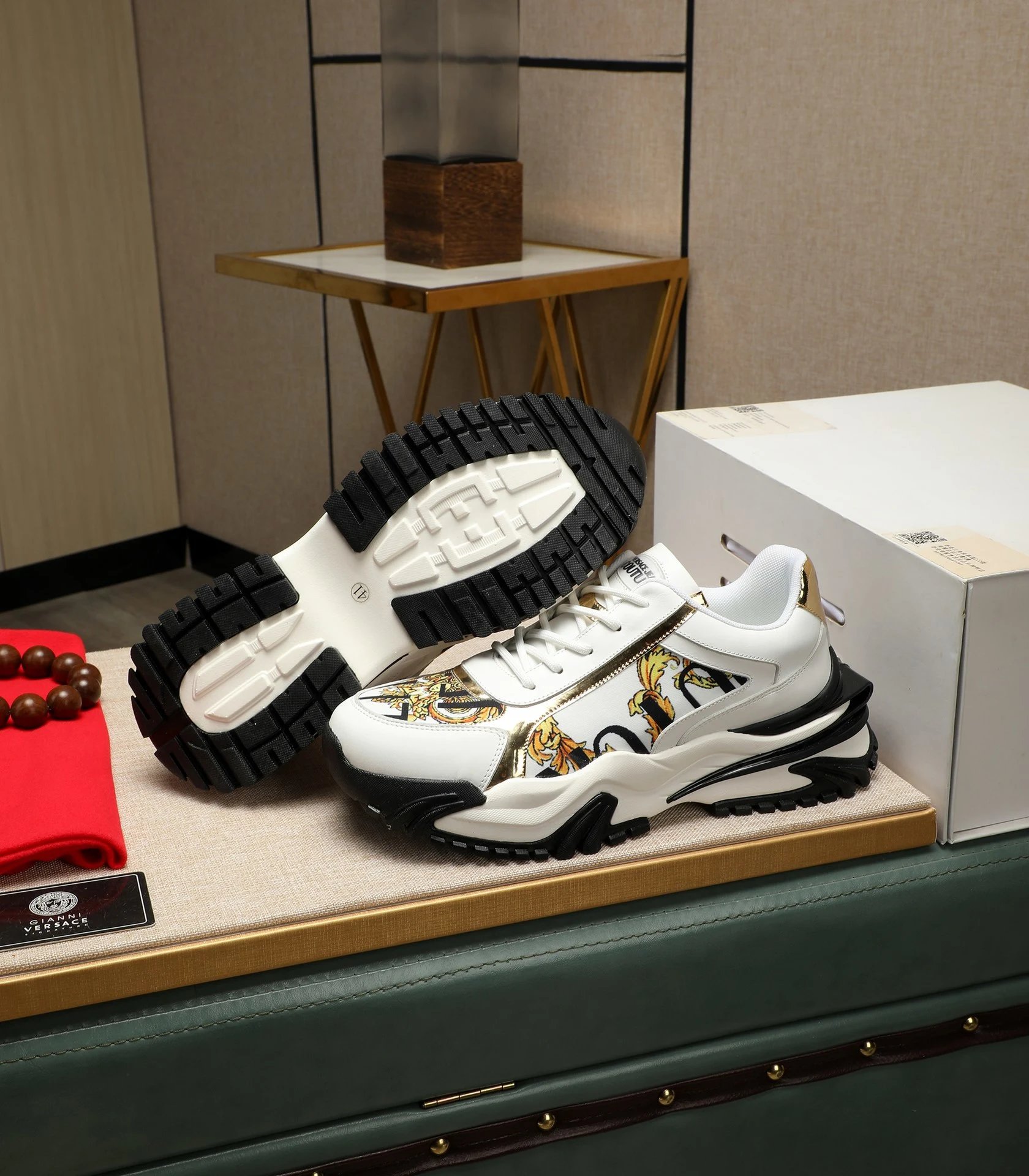 Luxury Baroque Leather Chunky Sneakers White Gold - Gallery Image 5 - Detailed View