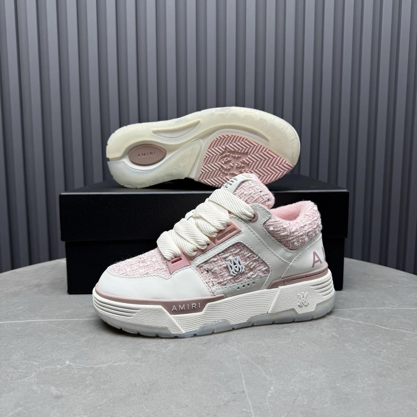 Low Top Tweed Leather Sneakers for Men Women Blush Pink - Gallery Image 9 - Detailed View