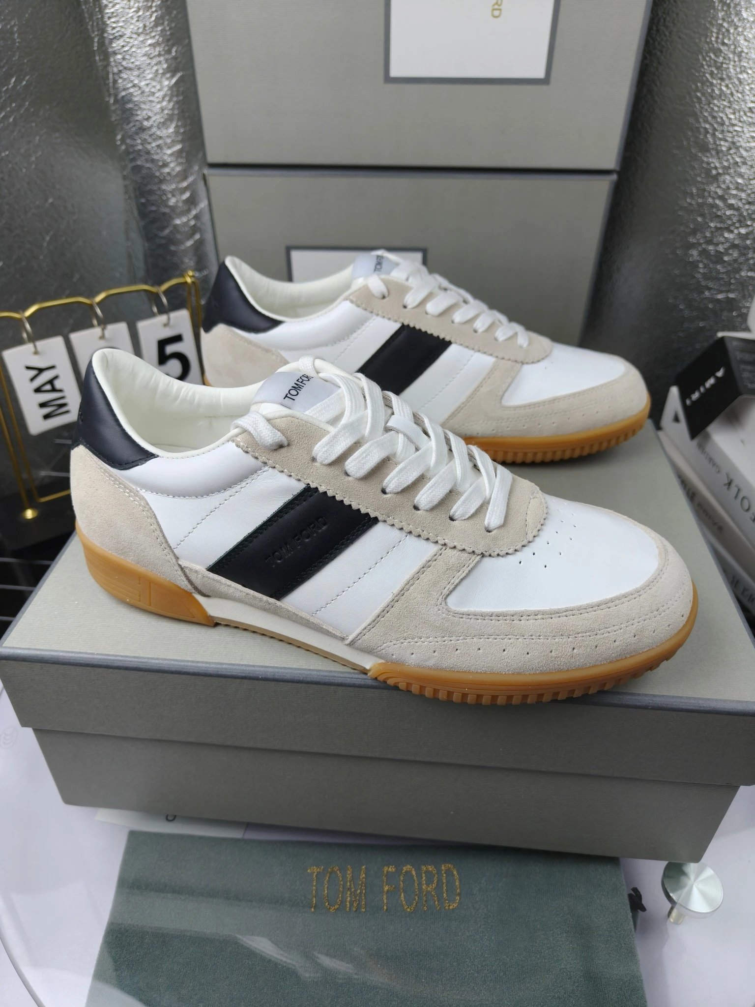 Retro Suede Leather Sneakers Ivory Noir - Gallery Image 1 - Detailed View