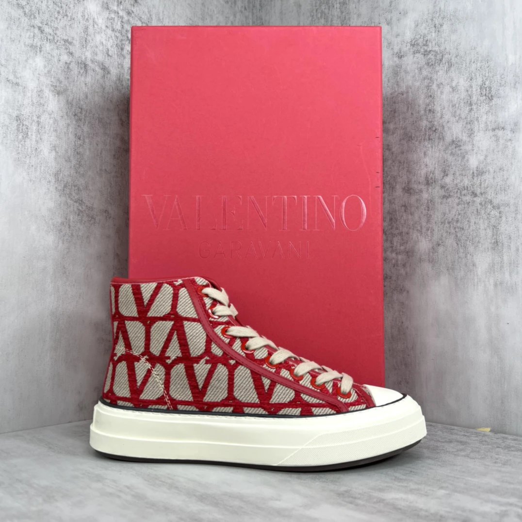 High Top Canvas Sneakers Ivory Crimson - Gallery Image 1 - Detailed View