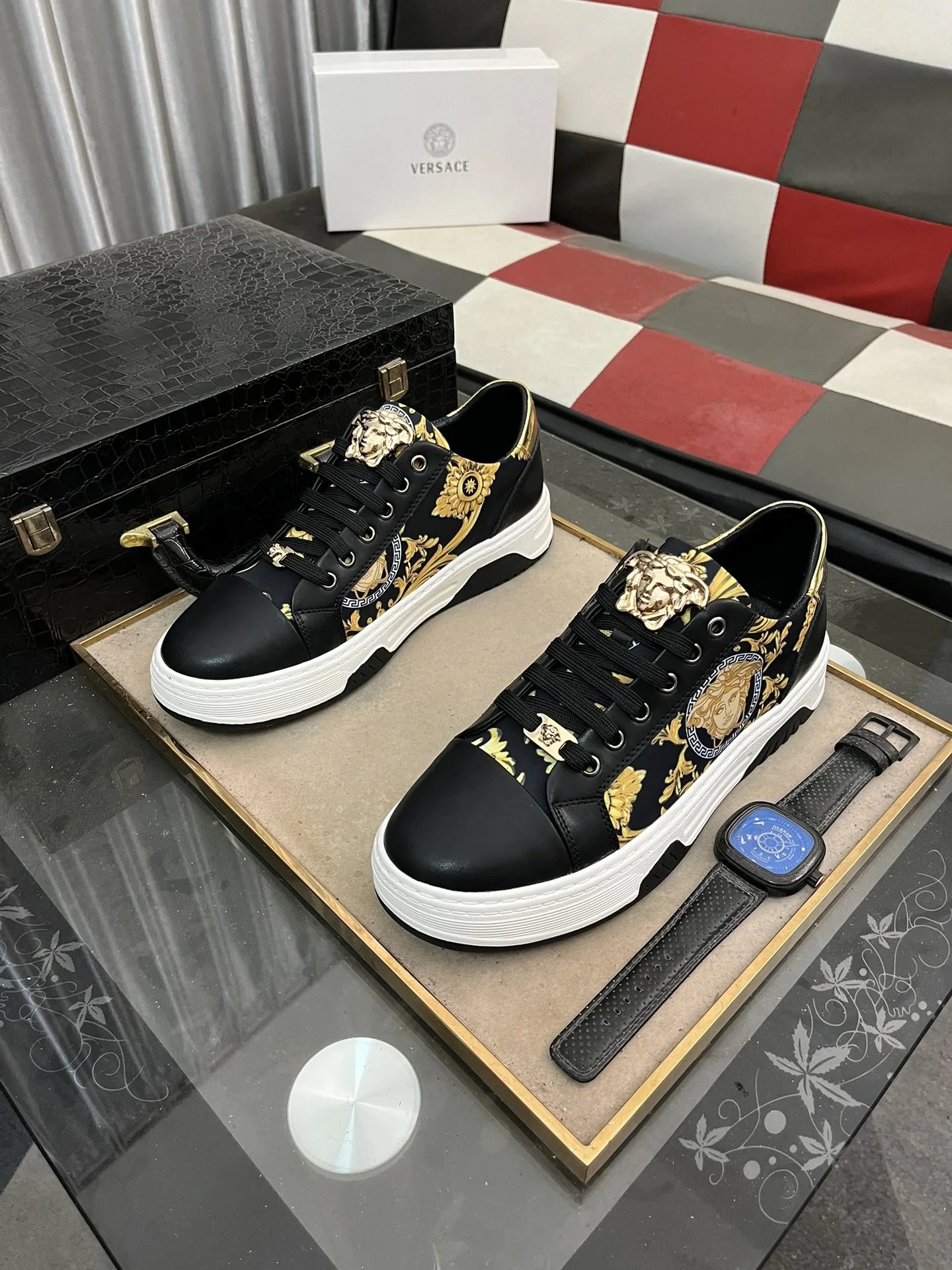 Luxury Leather Low Top Sneakers Baroque Gold - Gallery Image 2 - Detailed View