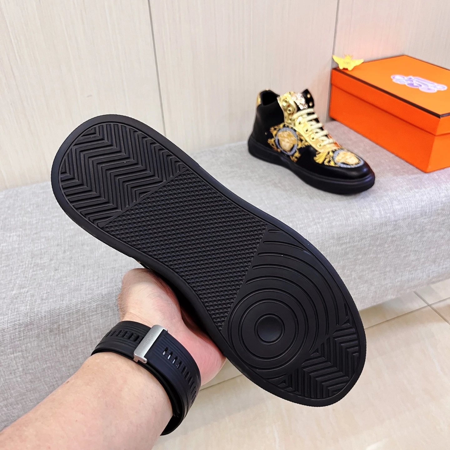 Baroque Leather High Top Sneakers Gold Black - Gallery Image 8 - Detailed View