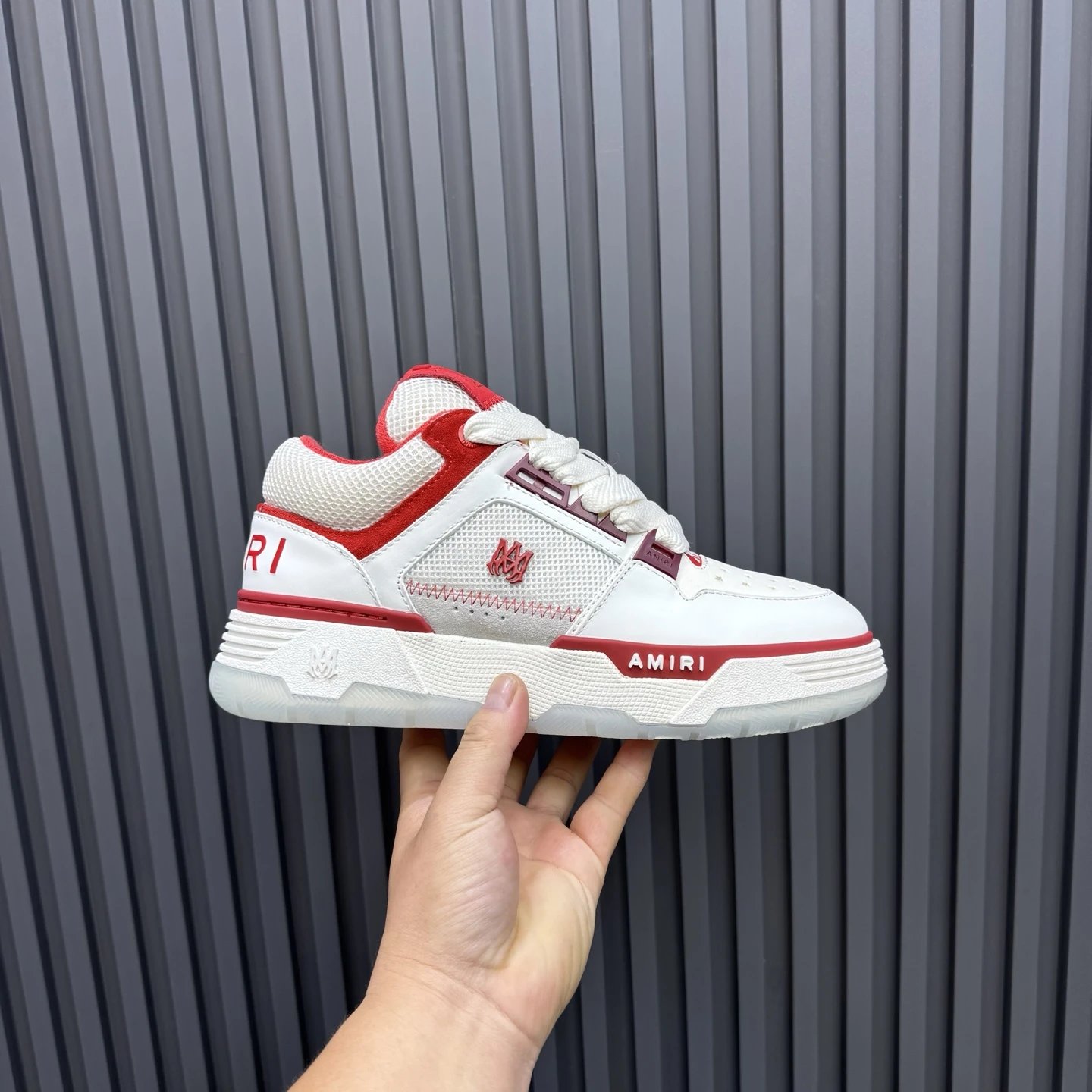 Low Top Leather Mesh Skate Sneakers Crimson White - Gallery Image 2 - Detailed View