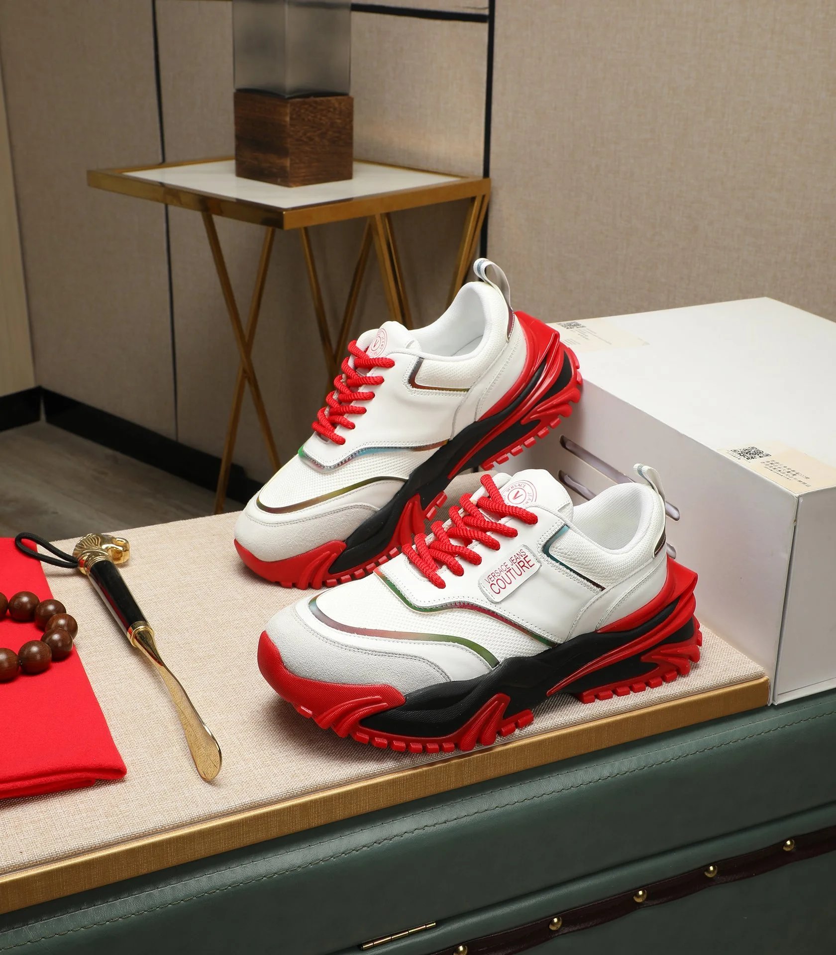 Luxury Calfskin Mesh Sneakers Crimson White - Gallery Image 4 - Detailed View