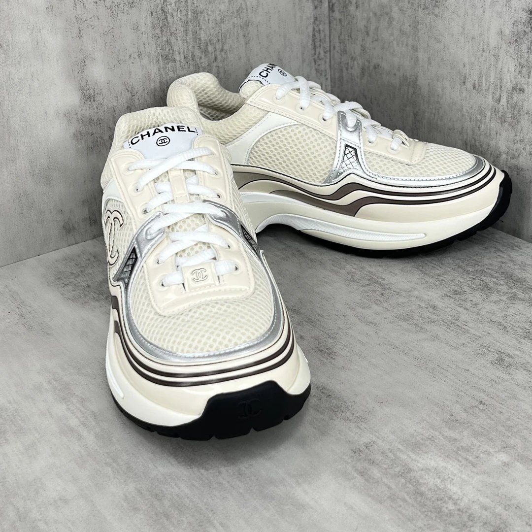 Resort Mesh Leather Chunky Sneakers Ivory Mocha - Gallery Image 2 - Detailed View