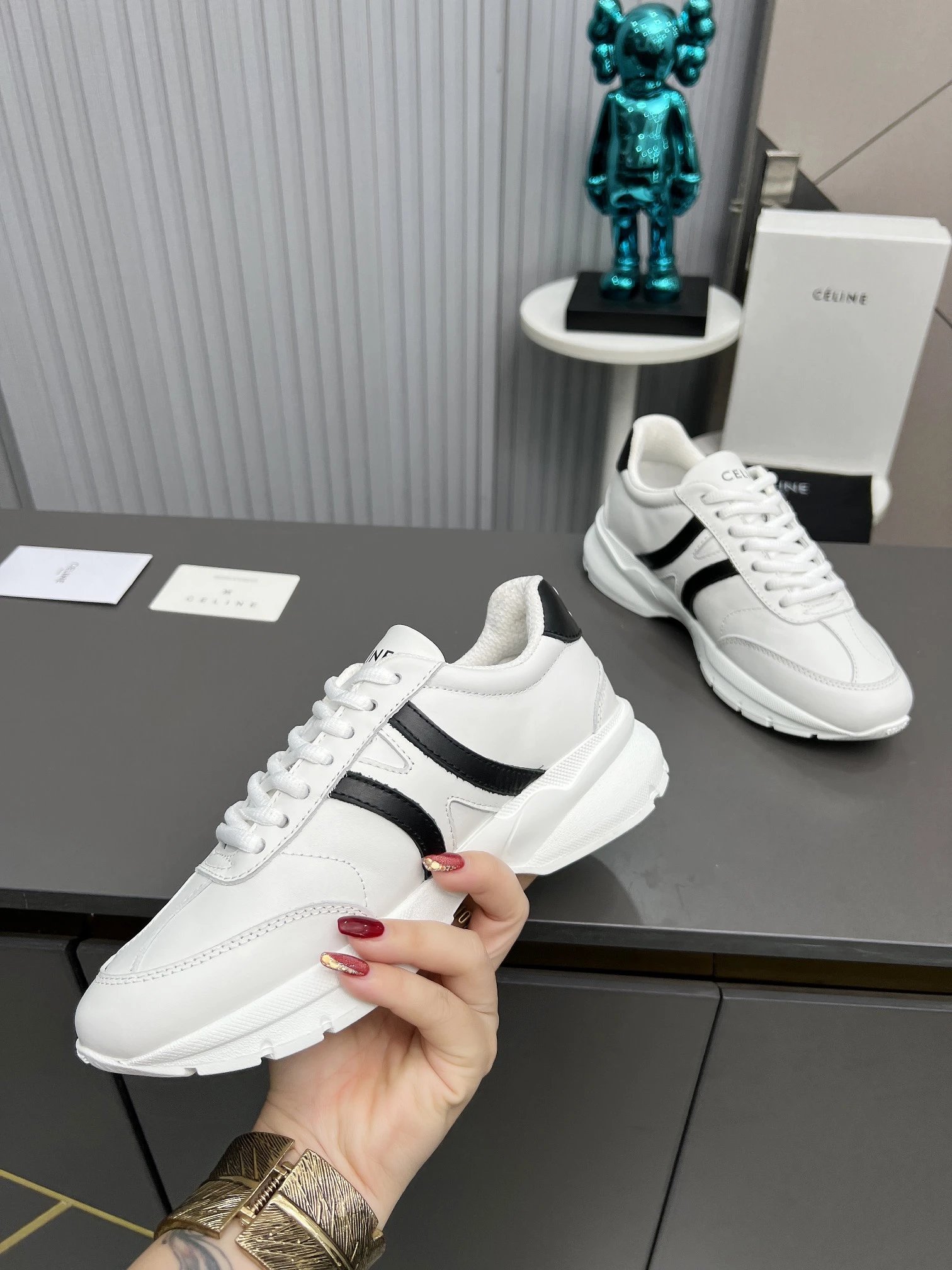 Chunky Dad Sneakers Leather Knit Comfort White Black - Gallery Image 6 - Detailed View