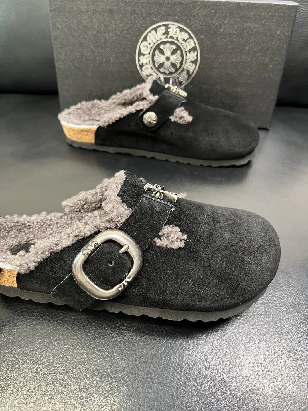 Luxury Suede Shearling Clog Shoes Ebony Black - Gallery Image 6 - Detailed View