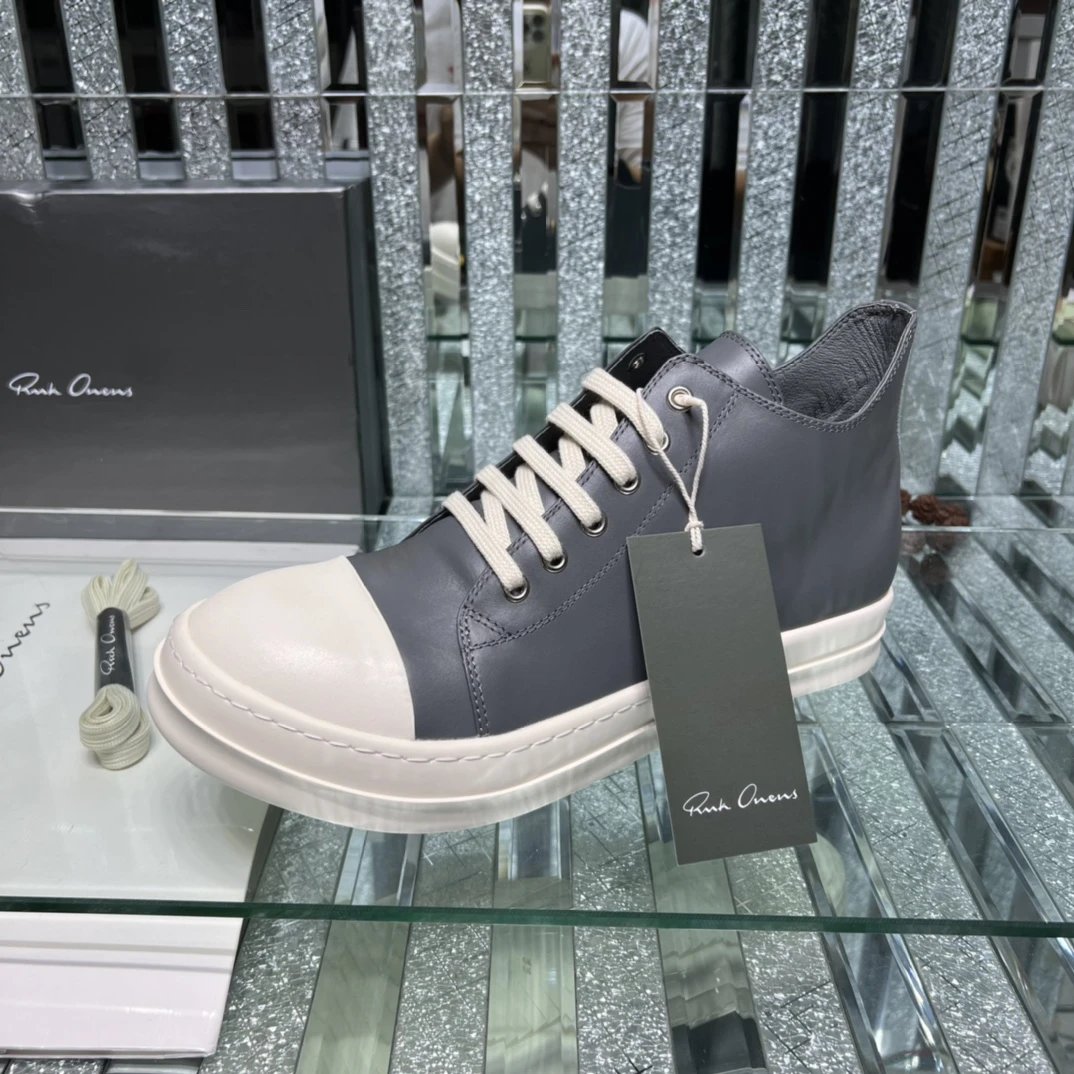 Rick Owens Leather Sneakers Gray - Gallery Image 7 - Detailed View