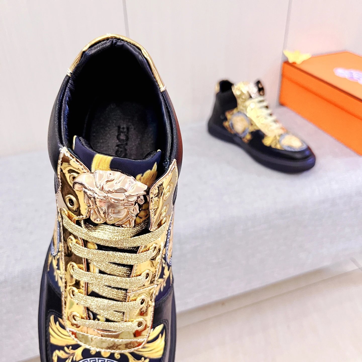 Baroque Leather High Top Sneakers Gold Black - Gallery Image 7 - Detailed View