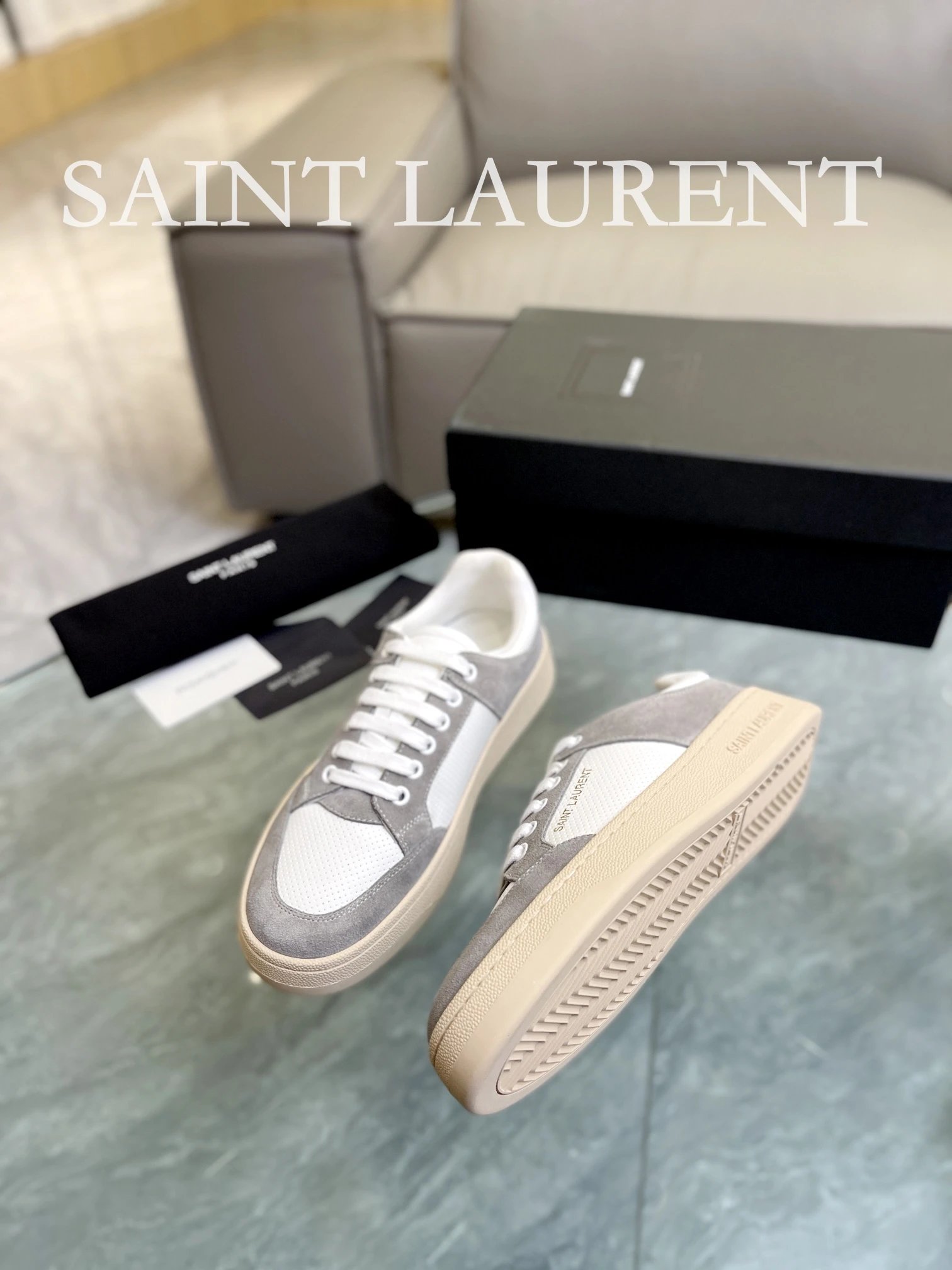 Saint Laurent Perforated Sneakers Grey - Gallery Image 4 - Detailed View