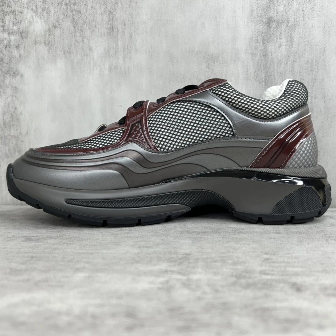 Luxury Leather Mesh Resort Sneakers Grey Burgundy - Gallery Image 7 - Detailed View
