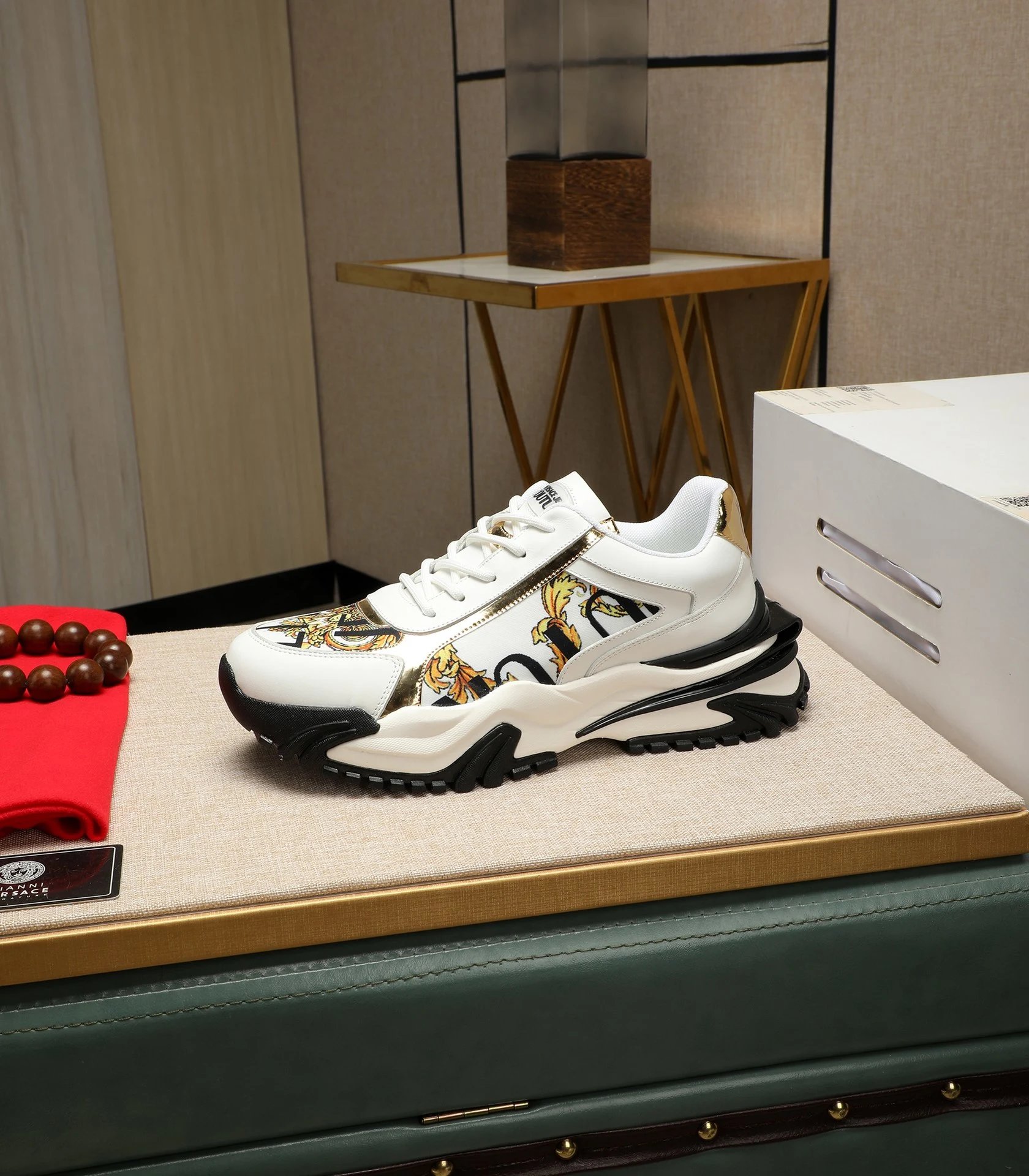 Luxury Baroque Leather Chunky Sneakers White Gold - Gallery Image 6 - Detailed View