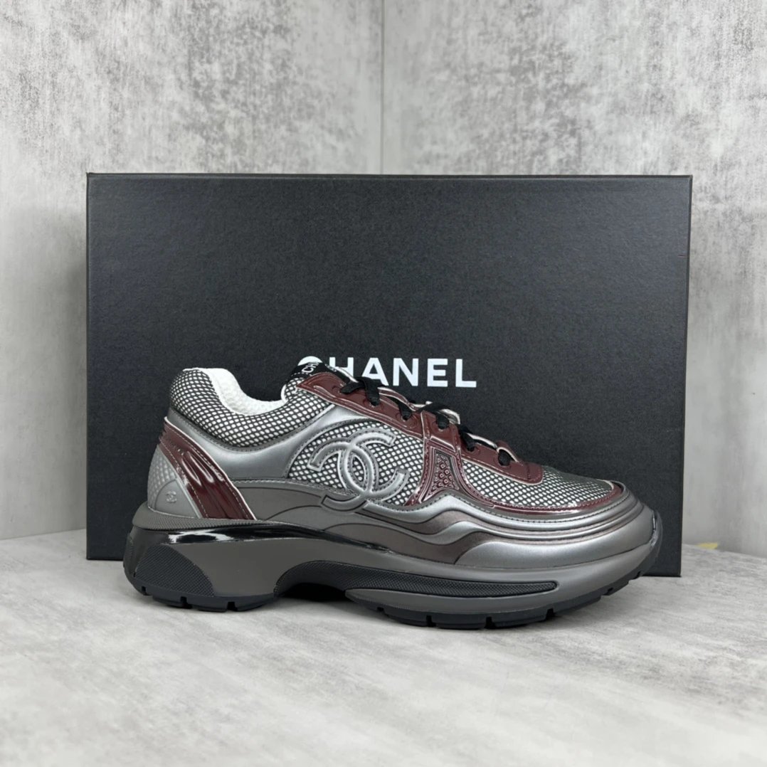 Luxury Leather Mesh Resort Sneakers Grey Burgundy - Gallery Image 1 - Detailed View