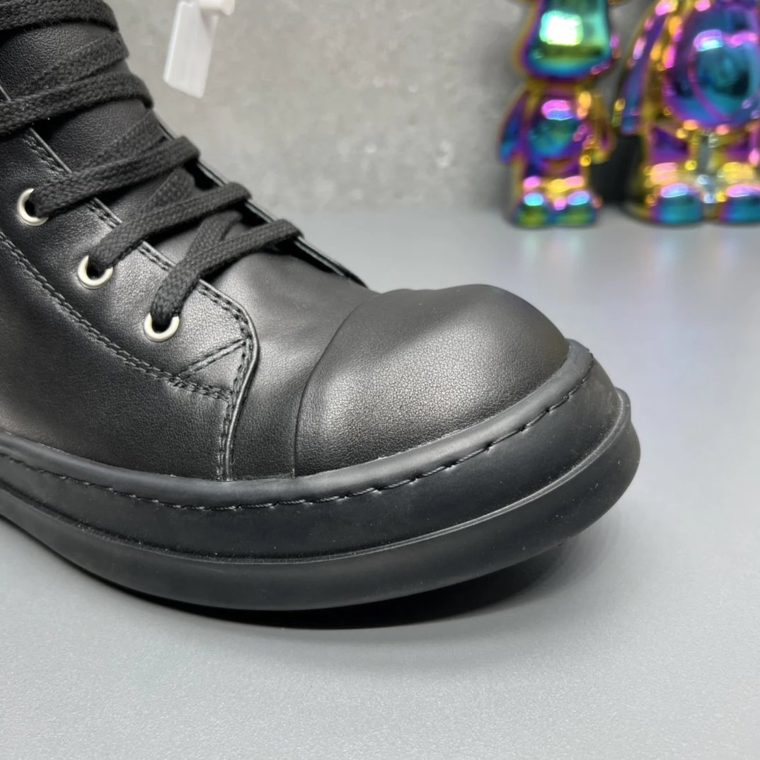 Rick Owens Leather High-Top Sneakers Black - Gallery Image 4 - Detailed View