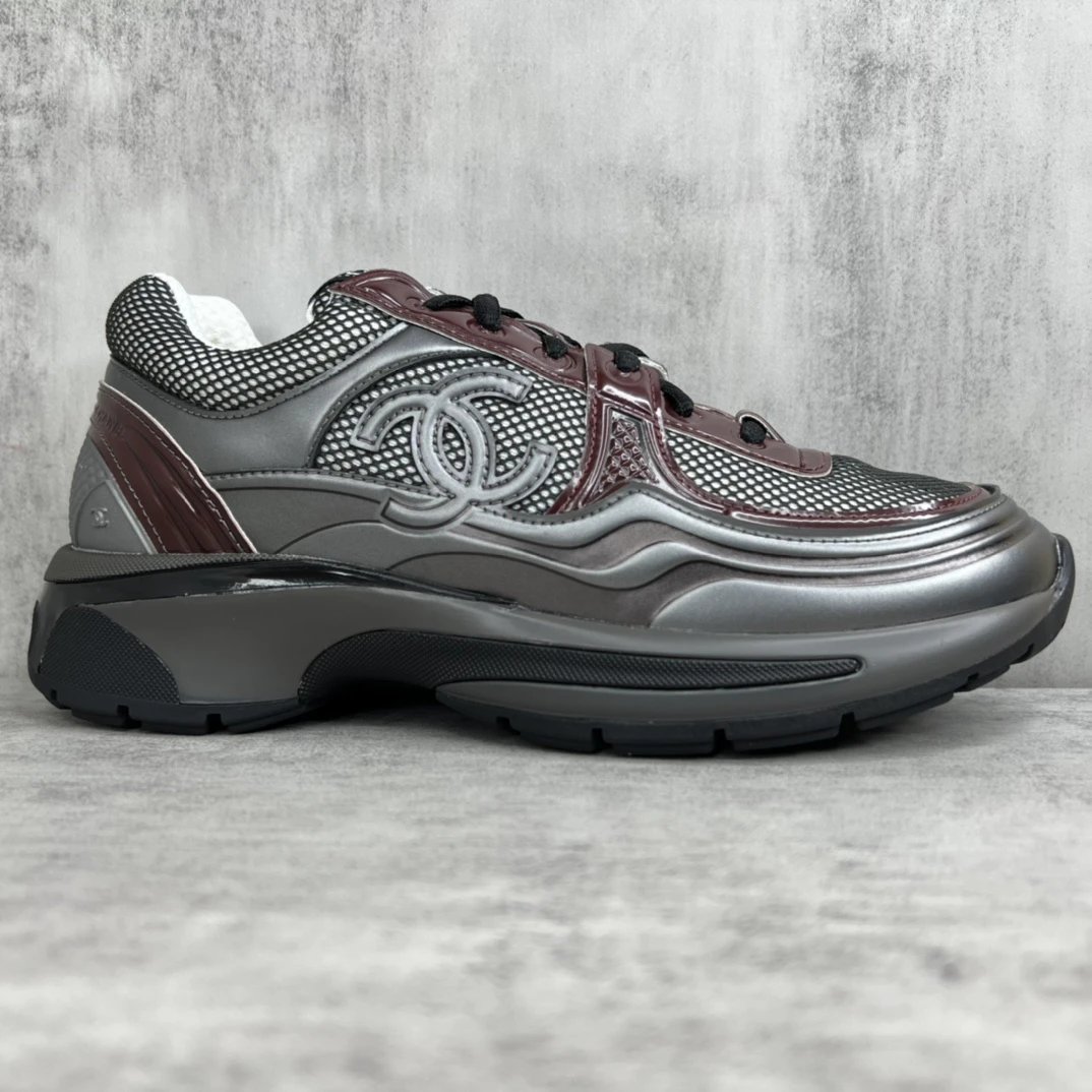 Luxury Leather Mesh Resort Sneakers Grey Burgundy - Gallery Image 6 - Detailed View