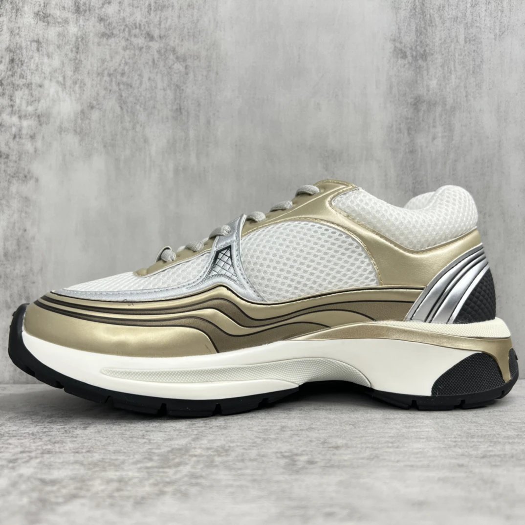 Resort Mesh Leather Chunky Sneakers Metallic Gold Silver - Gallery Image 7 - Detailed View