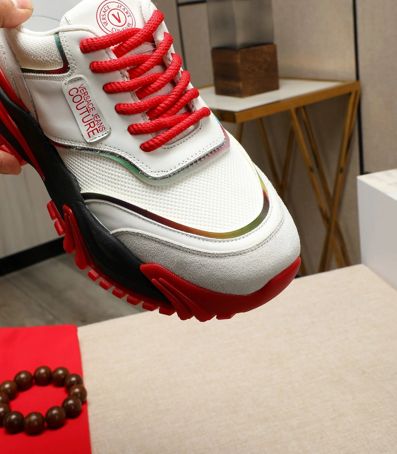 Luxury Calfskin Mesh Sneakers Crimson White - Gallery Image 8 - Detailed View
