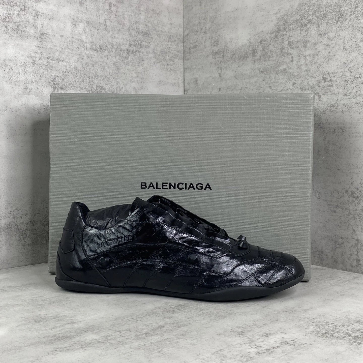 Punk Style Leather Lace-Up Shoes with Metal Studs Jet Black - Gallery Image 1 - Detailed View