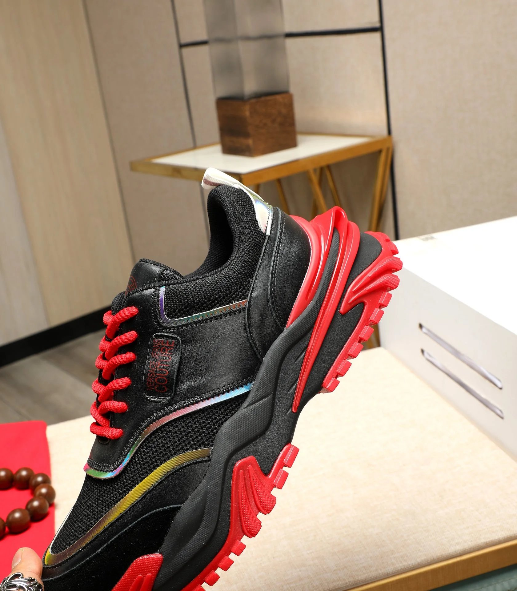 Chunky Calfskin Mesh Sneakers Crimson Black - Gallery Image 8 - Detailed View