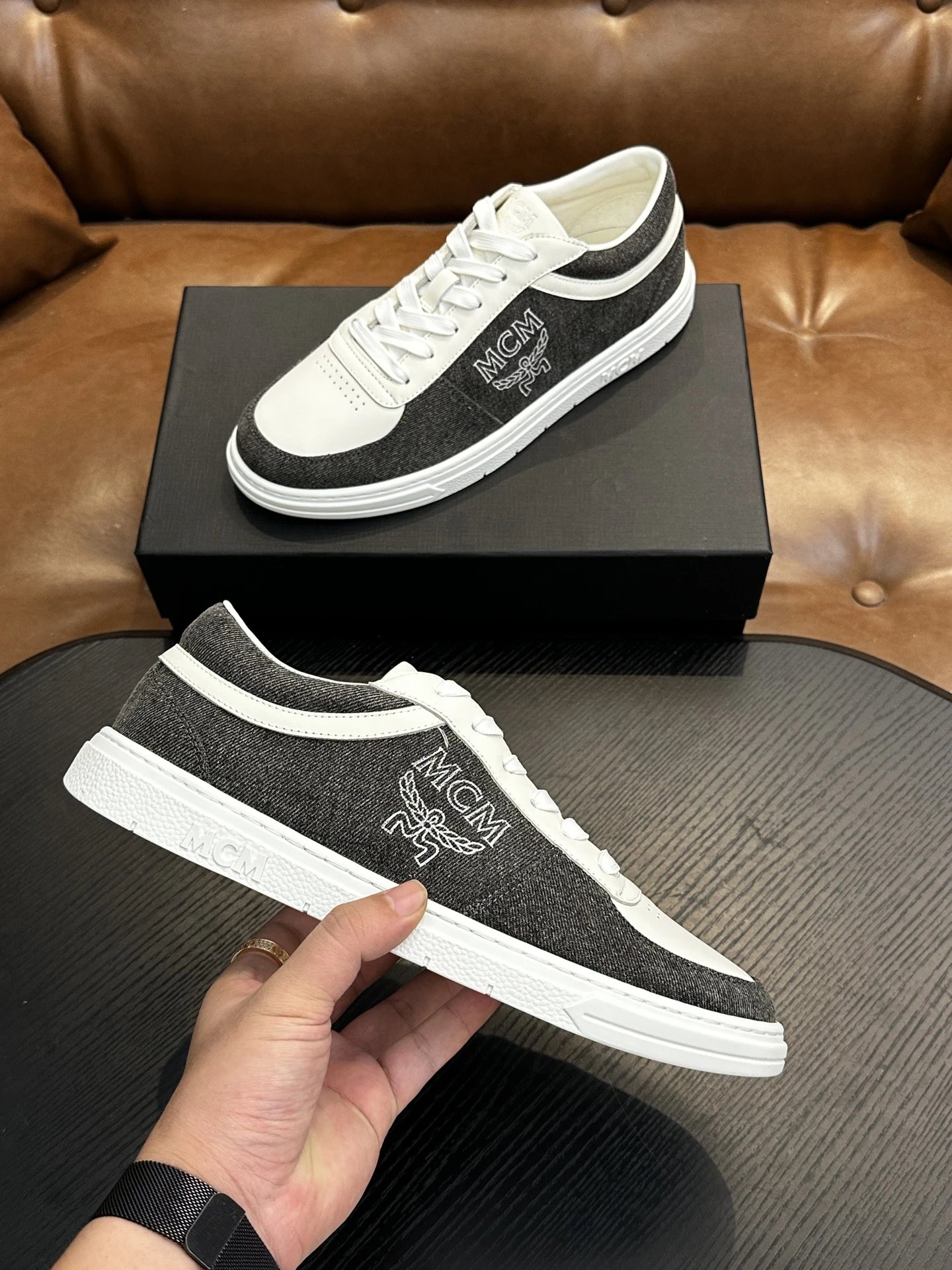 MCM Skystream Cubic Monogram Jacquard Sneaker White Grey - Gallery Image 5 - Detailed View